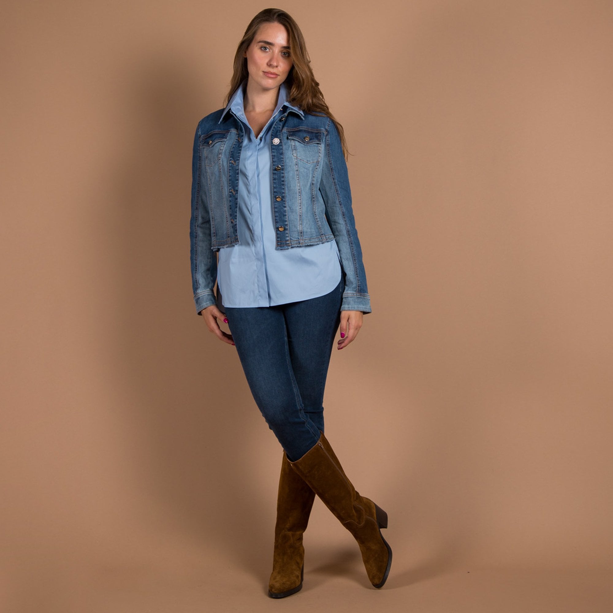 Marc Cain Diamante Trim Stretch Cotton Shirt Sky Blue