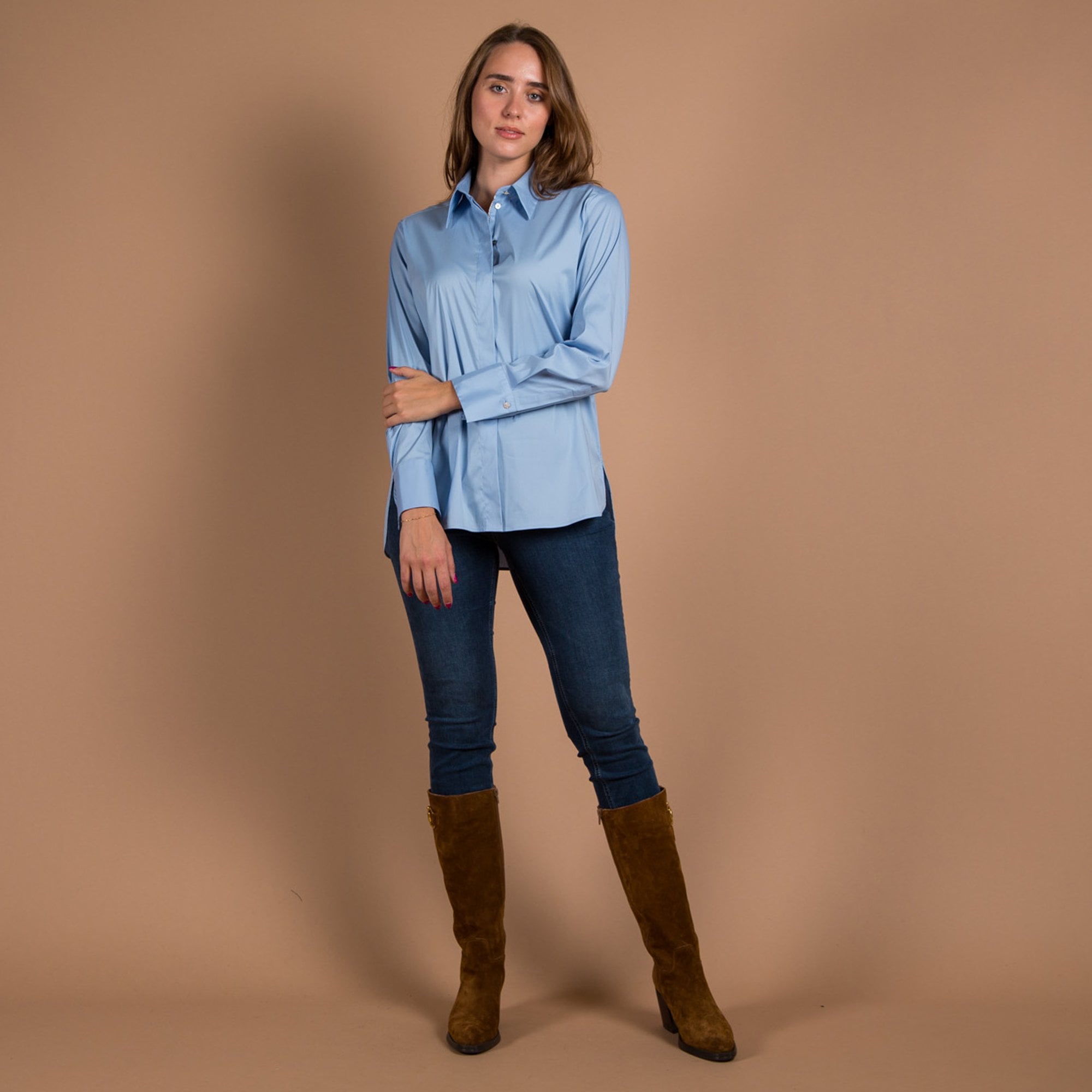 Marc Cain Diamante Trim Stretch Cotton Shirt Sky Blue