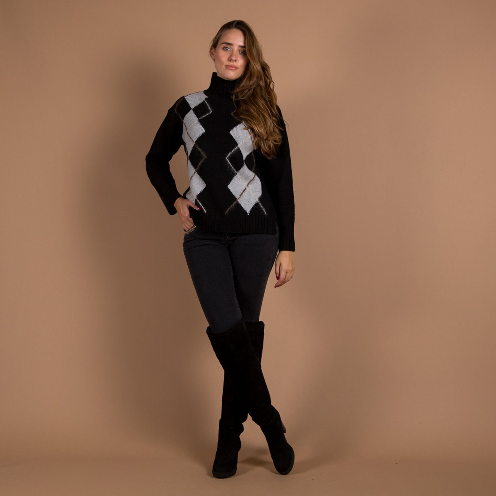 Mos Mosh Zima Diamond Print Funnel Neck Jumper Black/grey