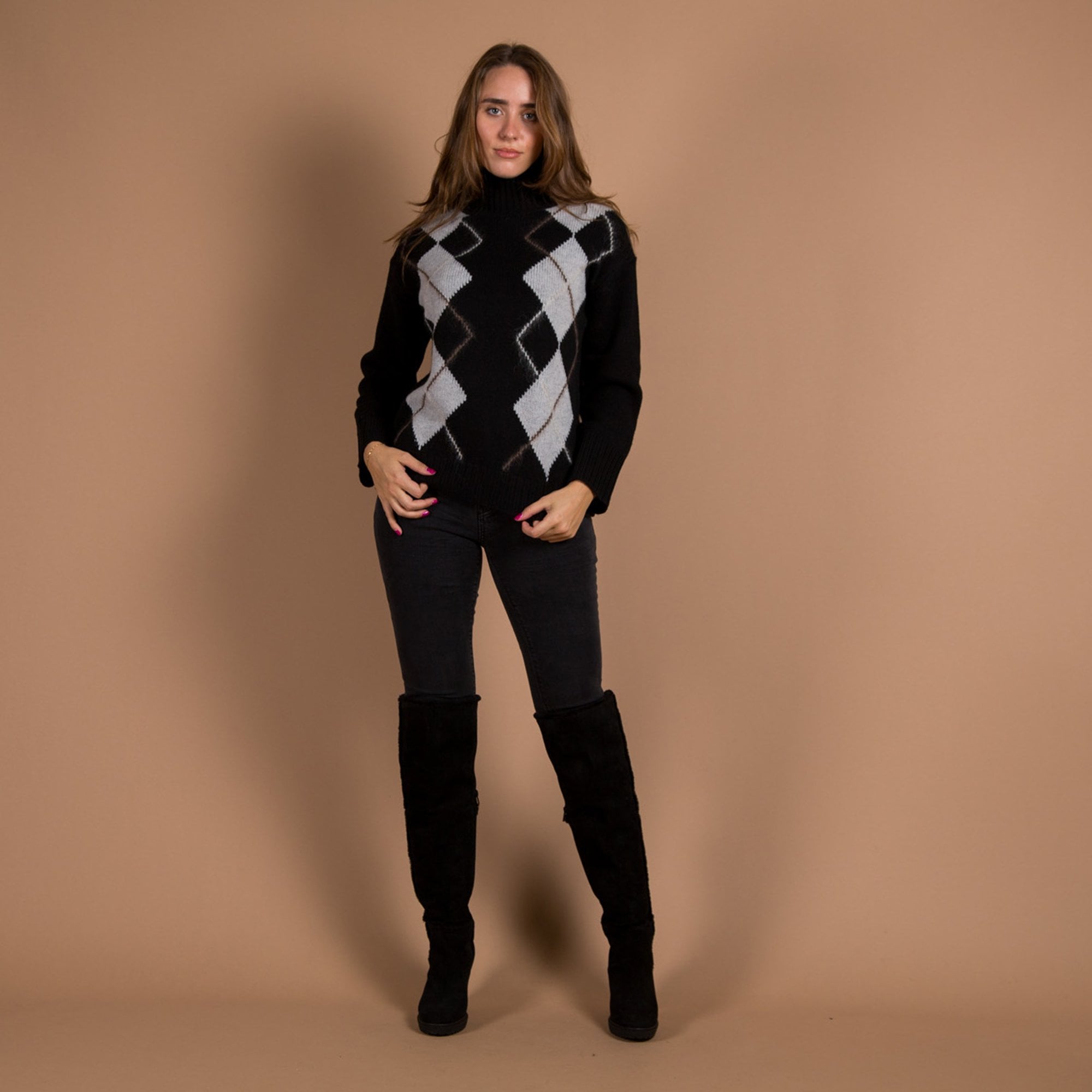 Mos Mosh Zima Diamond Print Funnel Neck Jumper Black/grey