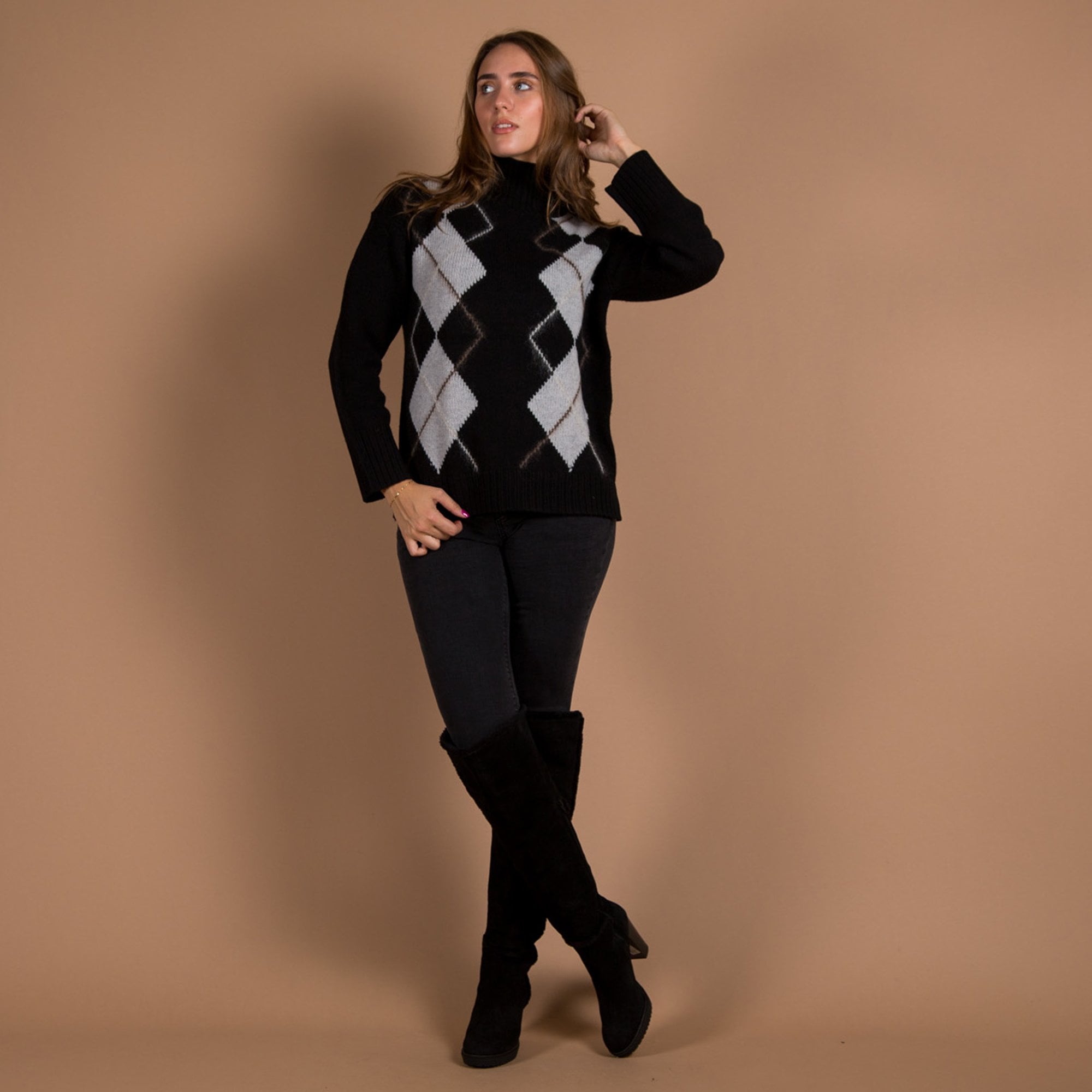 Mos Mosh Zima Diamond Print Funnel Neck Jumper Black/grey