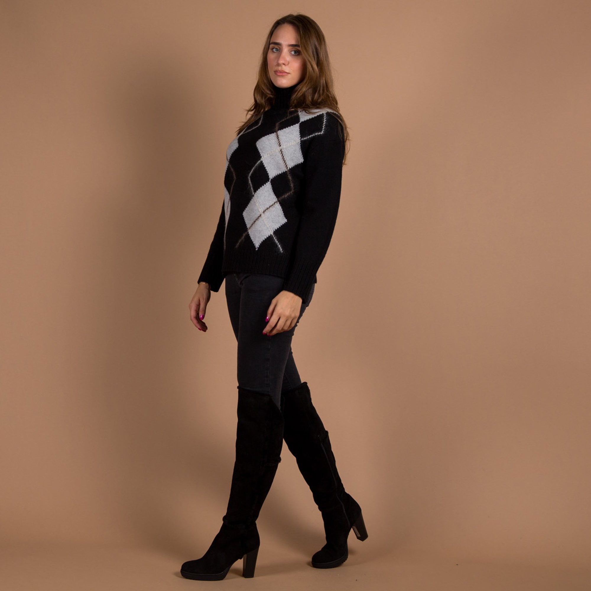 Mos Mosh Zima Diamond Print Funnel Neck Jumper Black/grey