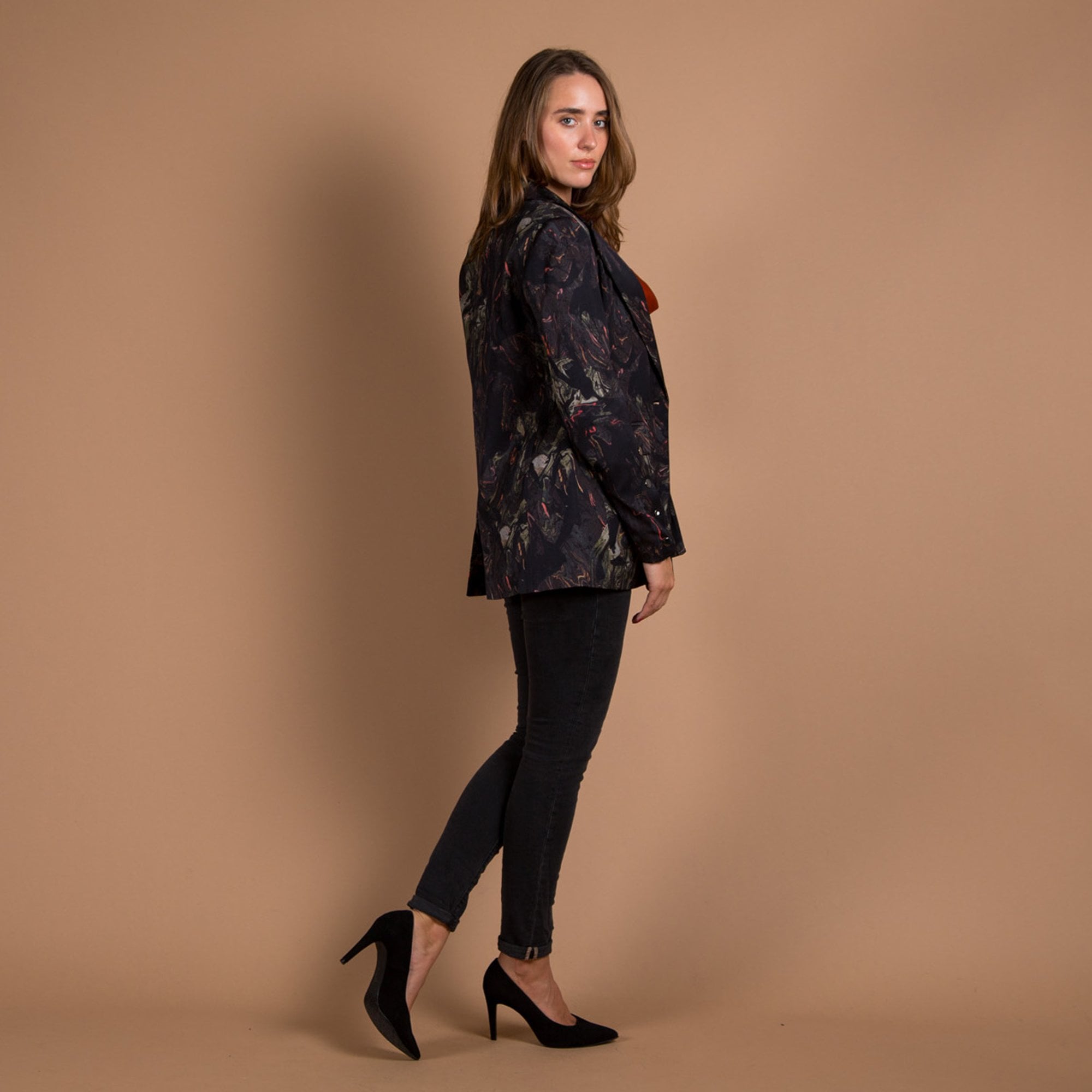 Mos Mosh Bine Marble Satin Blazer With Button Detail Black Mix
