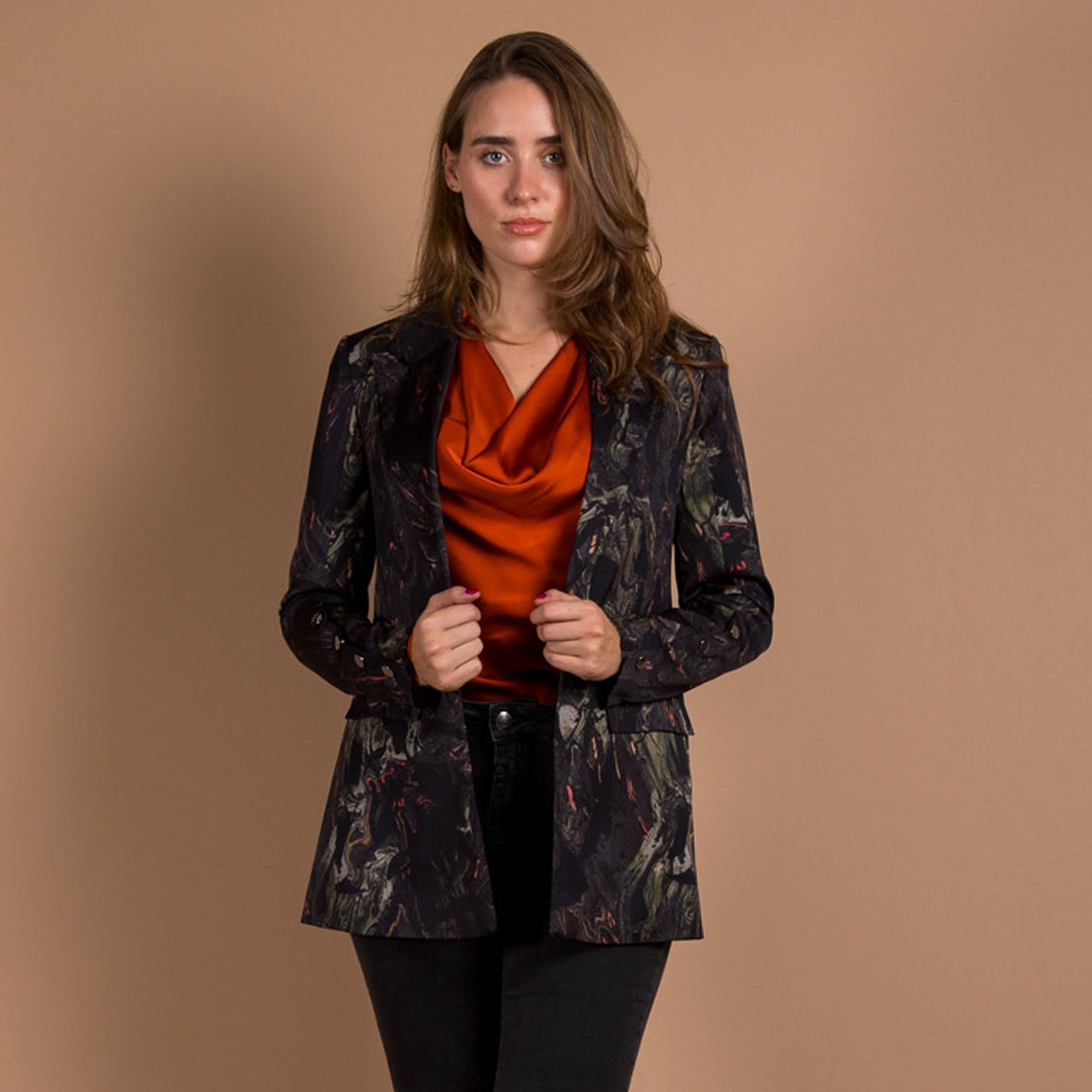 Mos Mosh Bine Marble Satin Blazer With Button Detail Black Mix