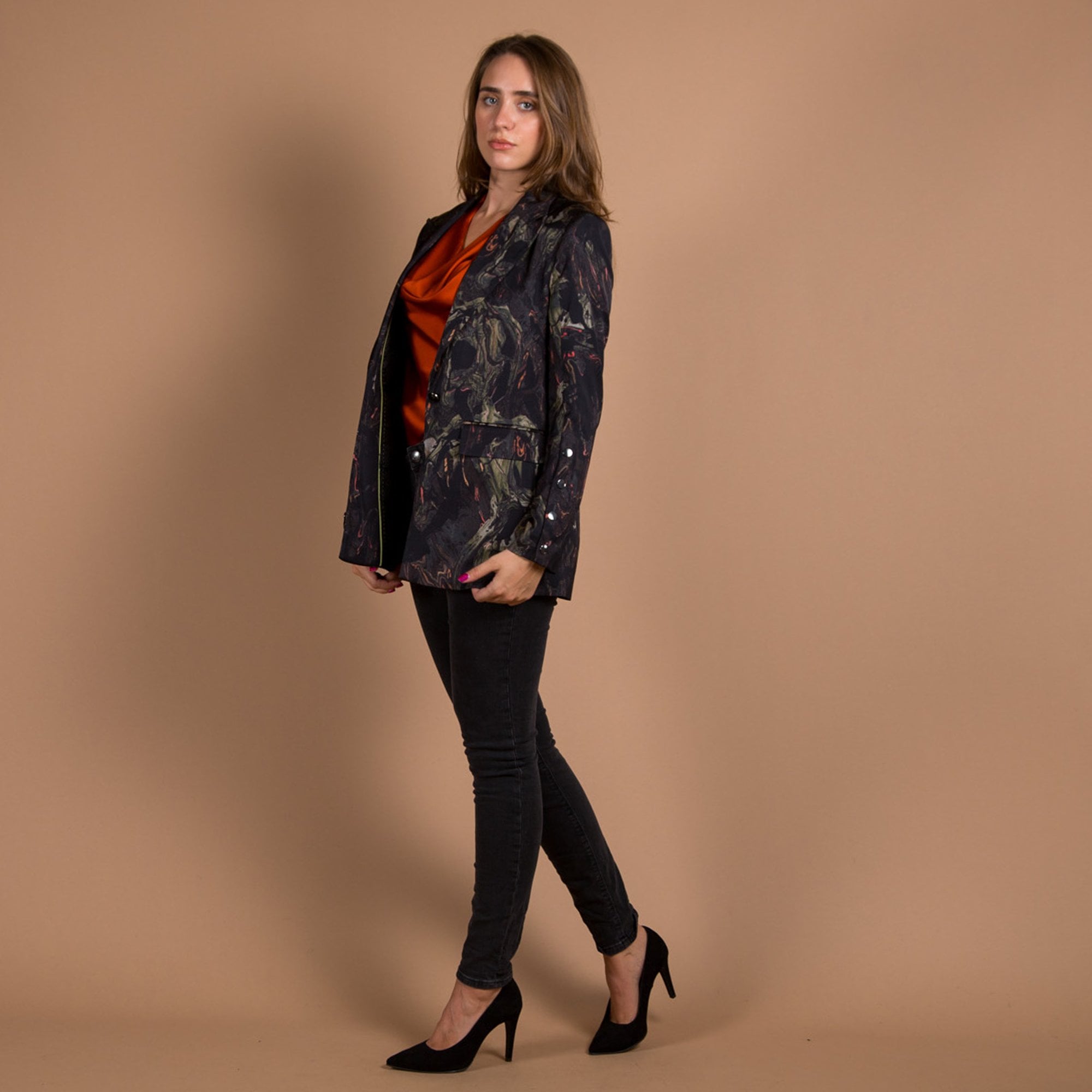 Mos Mosh Bine Marble Satin Blazer With Button Detail Black Mix