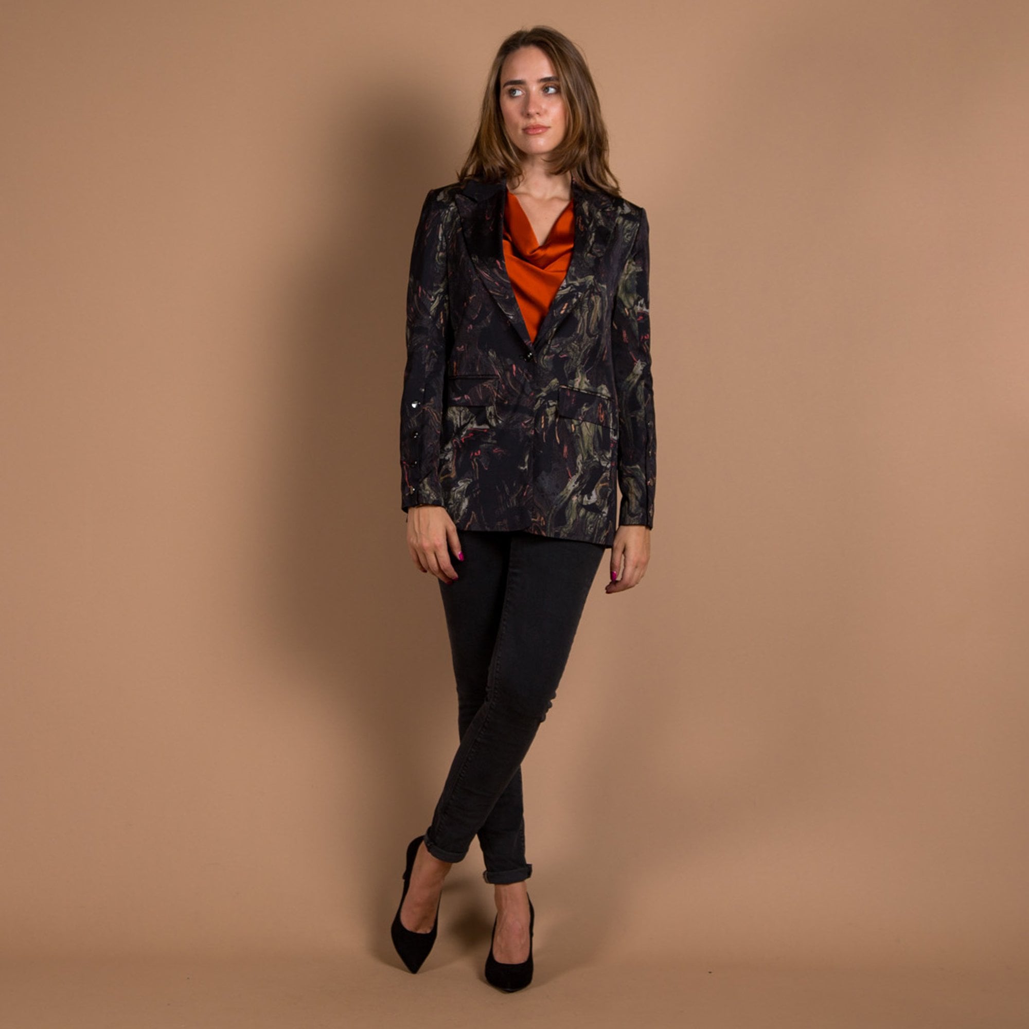 Mos Mosh Bine Marble Satin Blazer With Button Detail Black Mix