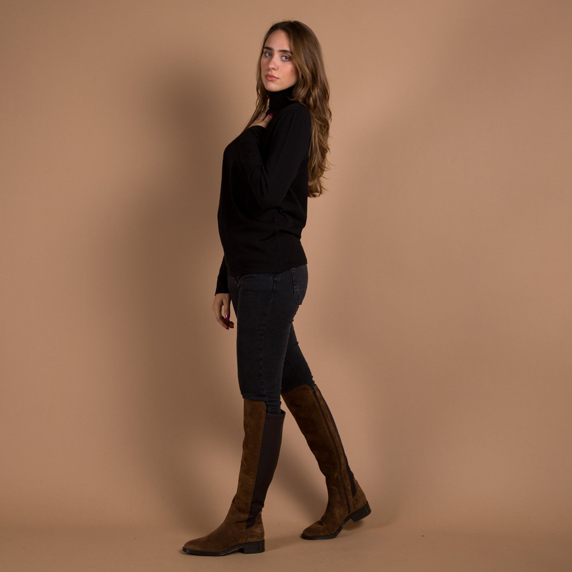 Milano Italy Long Line Roll Neck Fine Knit Jumper Black