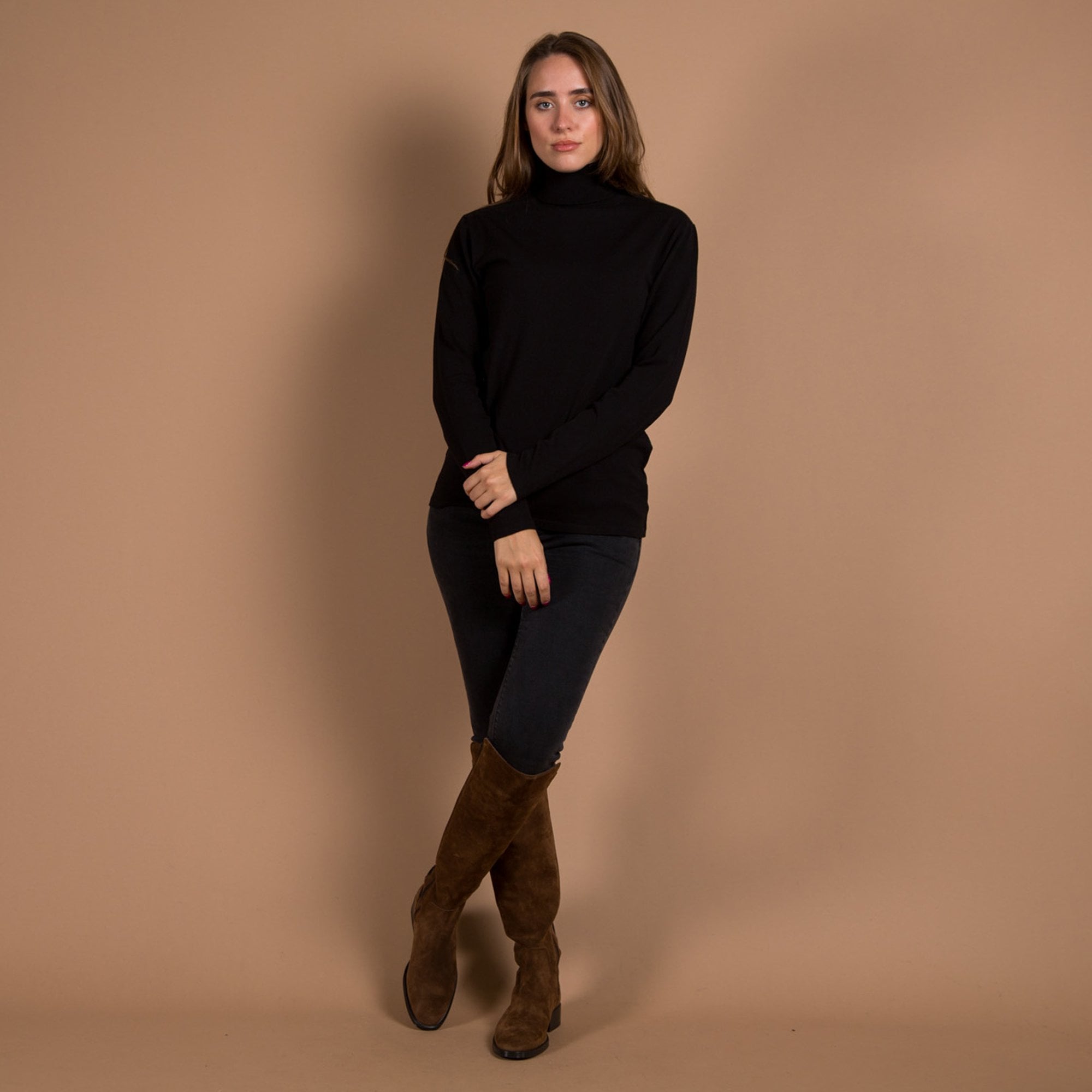 Milano Italy Long Line Roll Neck Fine Knit Jumper Black