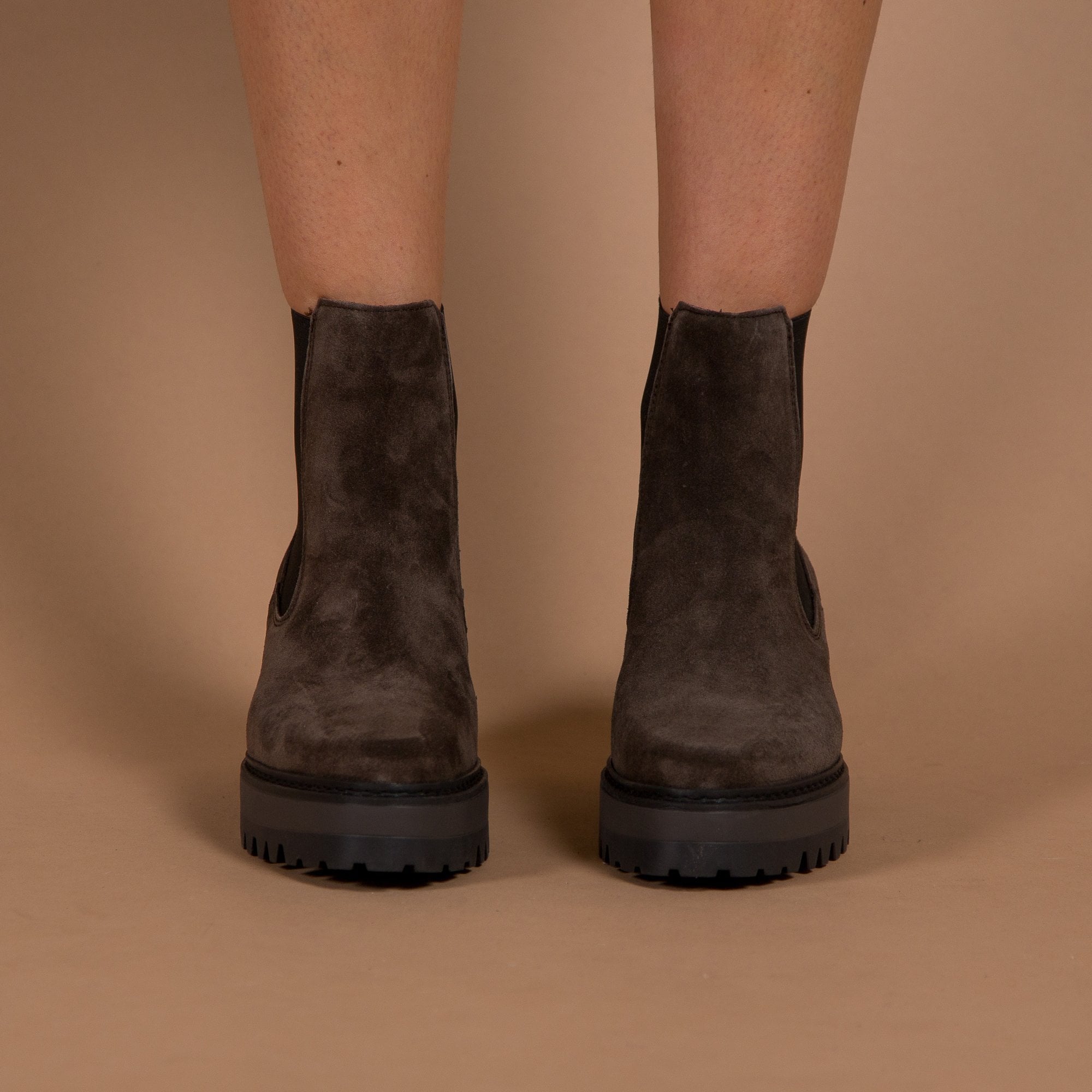 Alpe Platform Heeled Suede Chelsea Boot Elastic Side Dark Grey