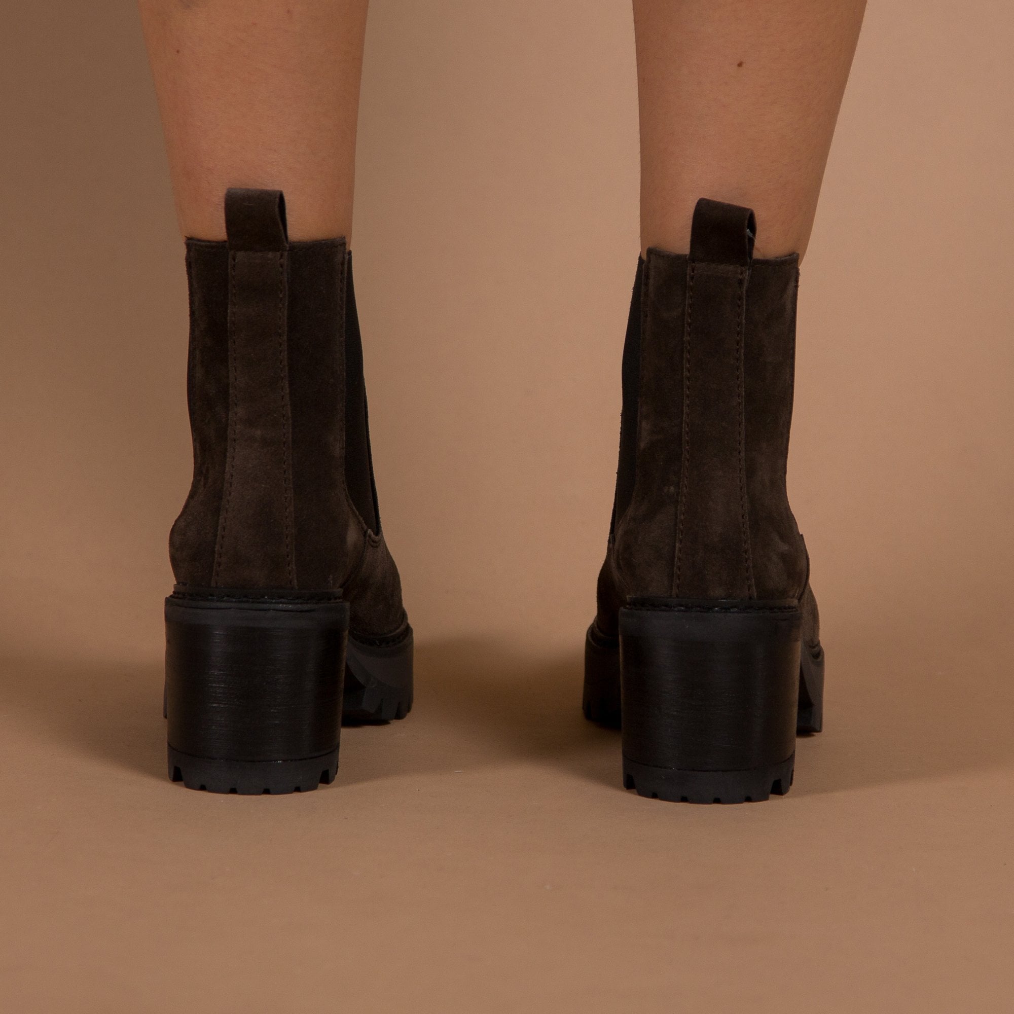 Alpe Platform Heeled Suede Chelsea Boot Elastic Side Dark Grey