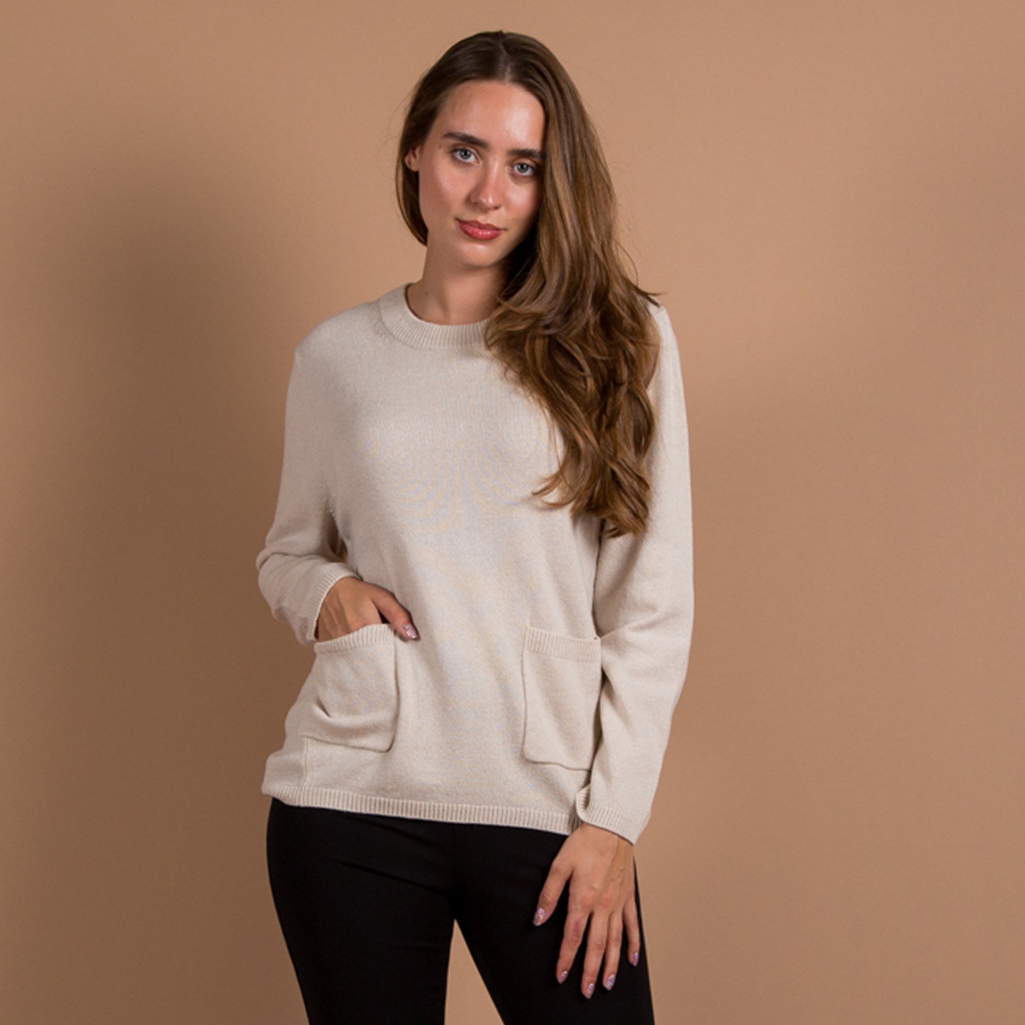 Oui Pocket Front Jumper With Rib Trim Light Beige