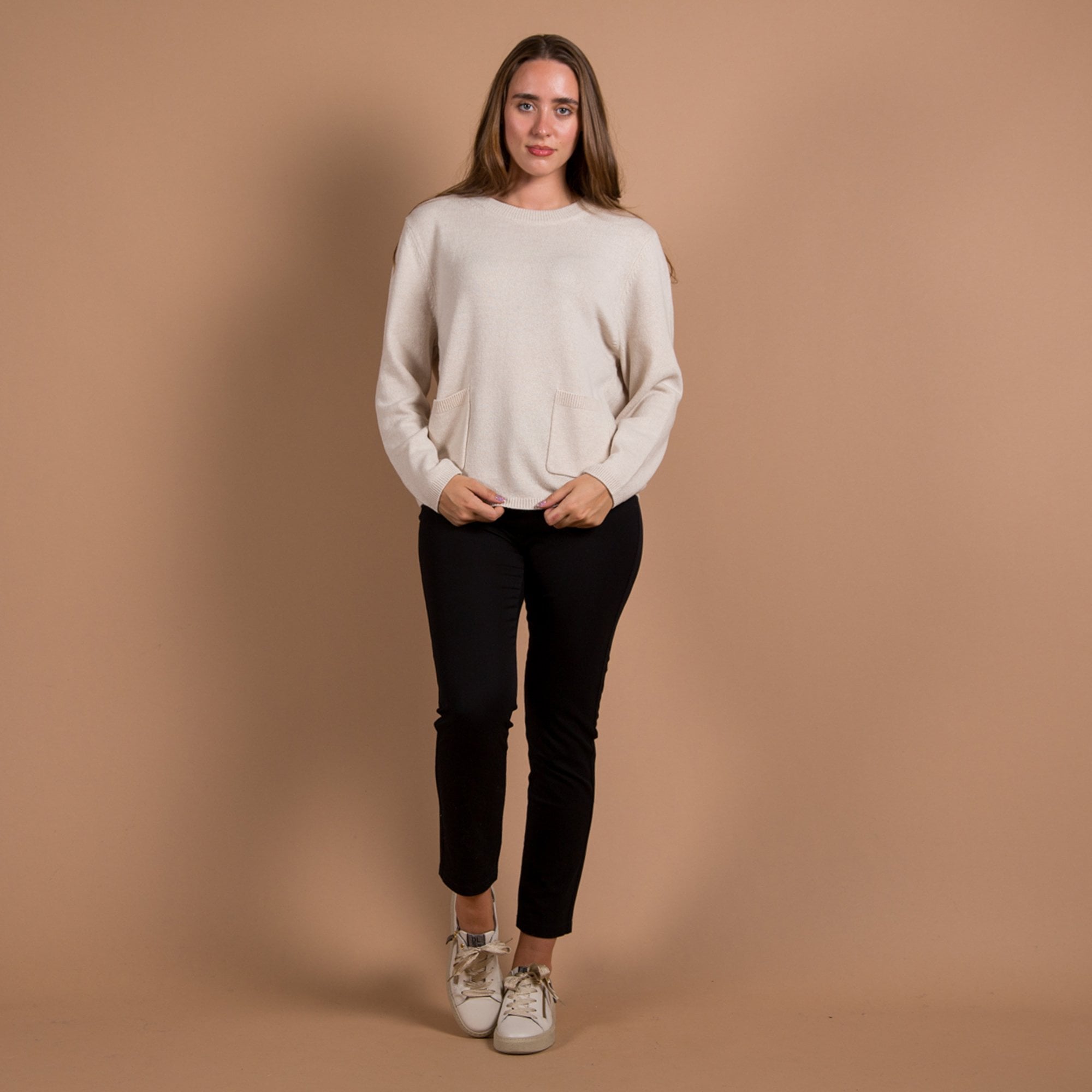 Oui Pocket Front Jumper With Rib Trim Light Beige