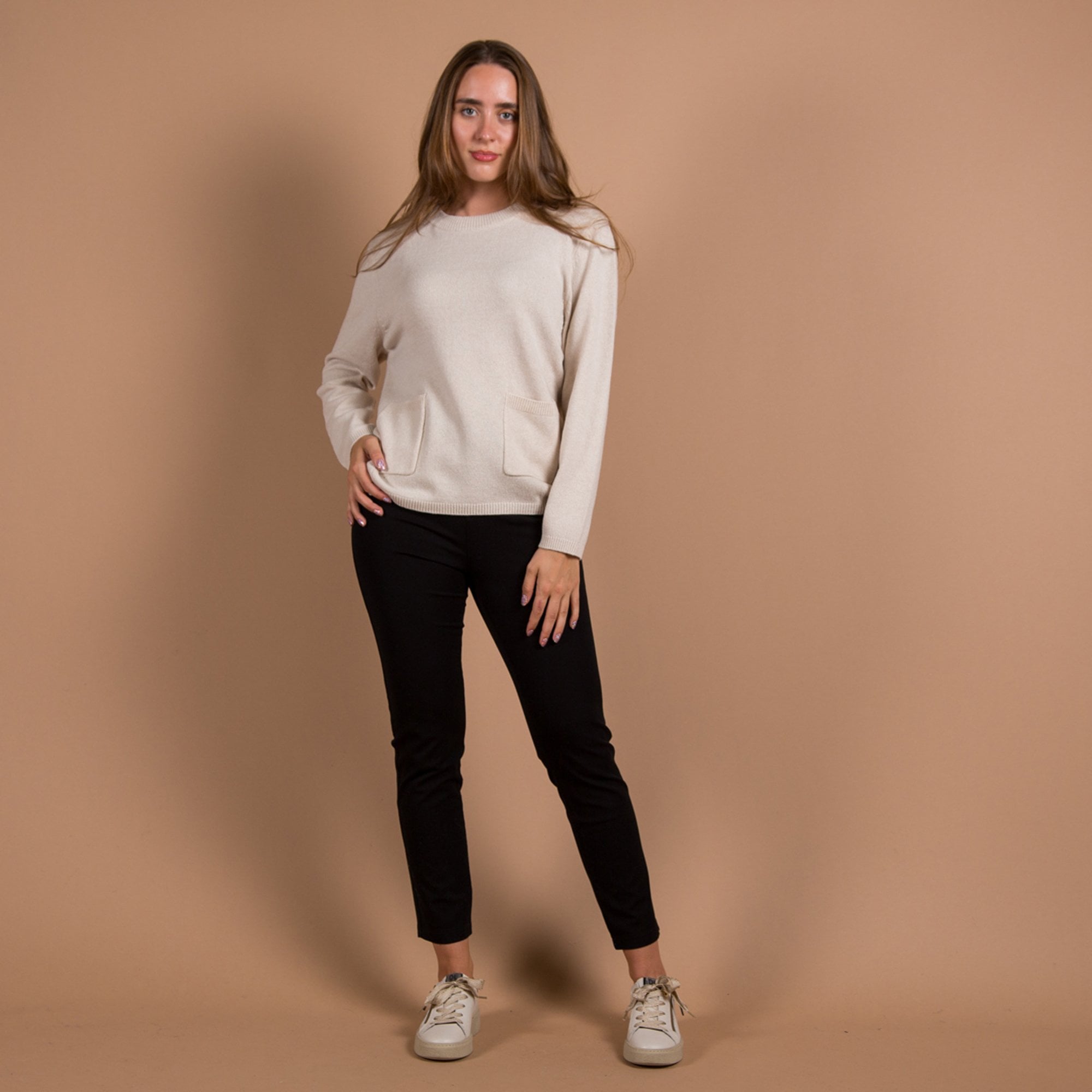Oui Pocket Front Jumper With Rib Trim Light Beige