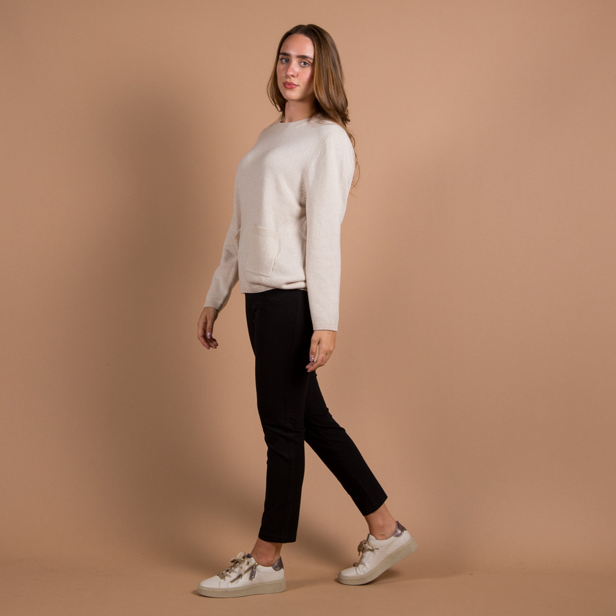 Oui Pocket Front Jumper With Rib Trim Light Beige