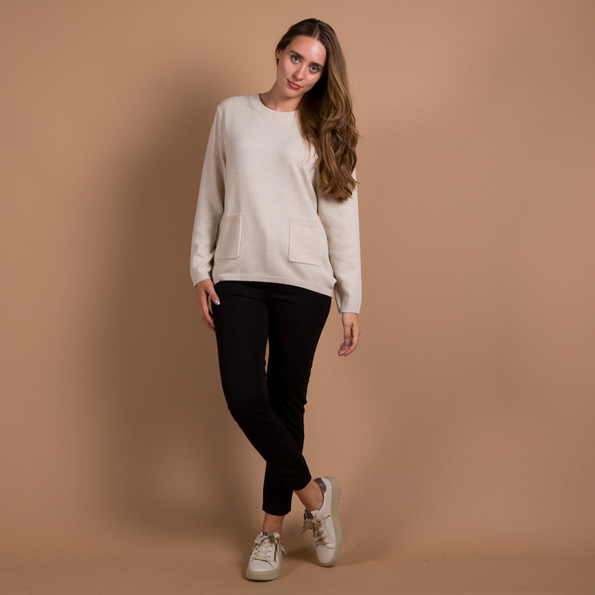 Oui Pocket Front Jumper With Rib Trim Light Beige