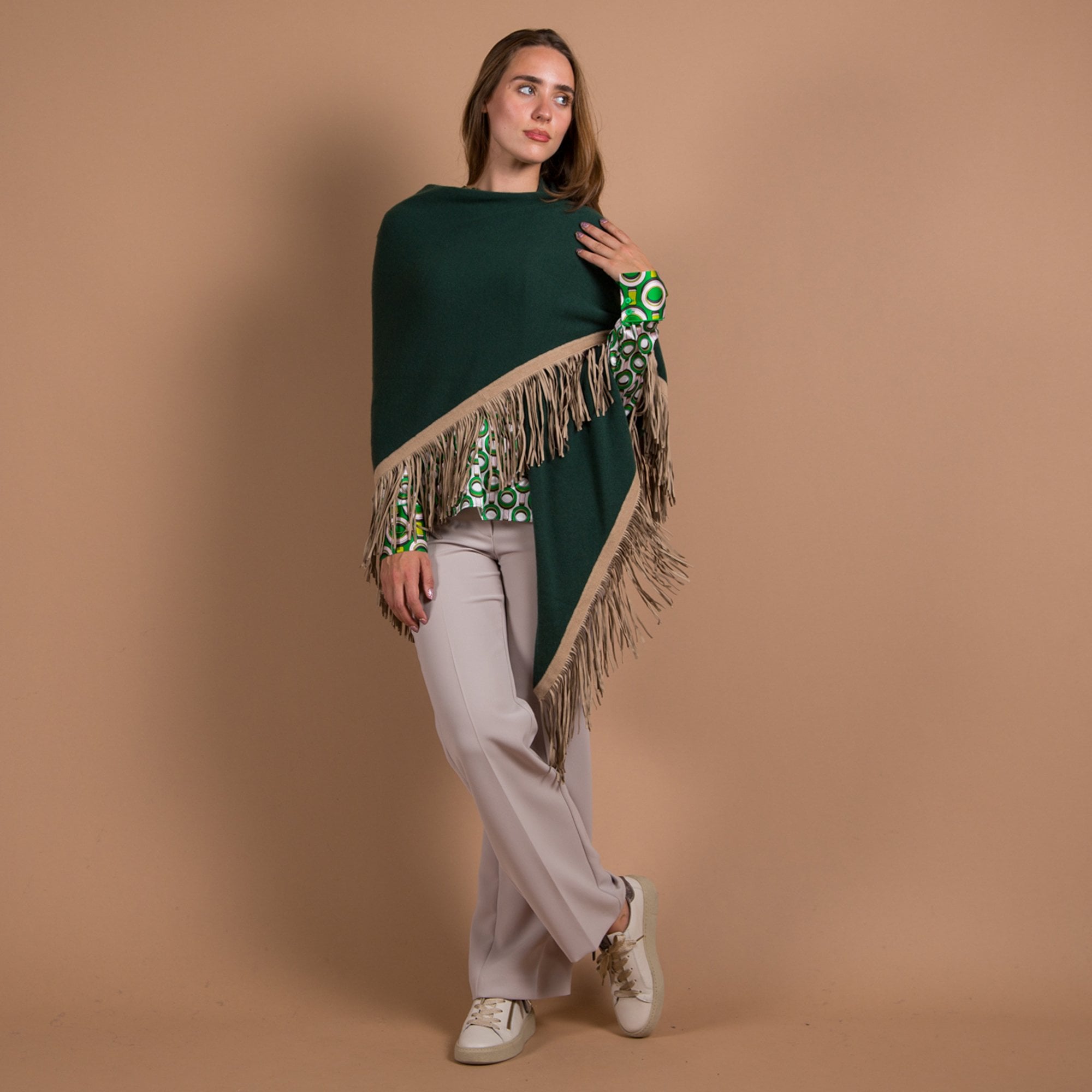 Herzens Angelegenheit Cashmere Shawl With Faux Suede Tassels Green/taupe