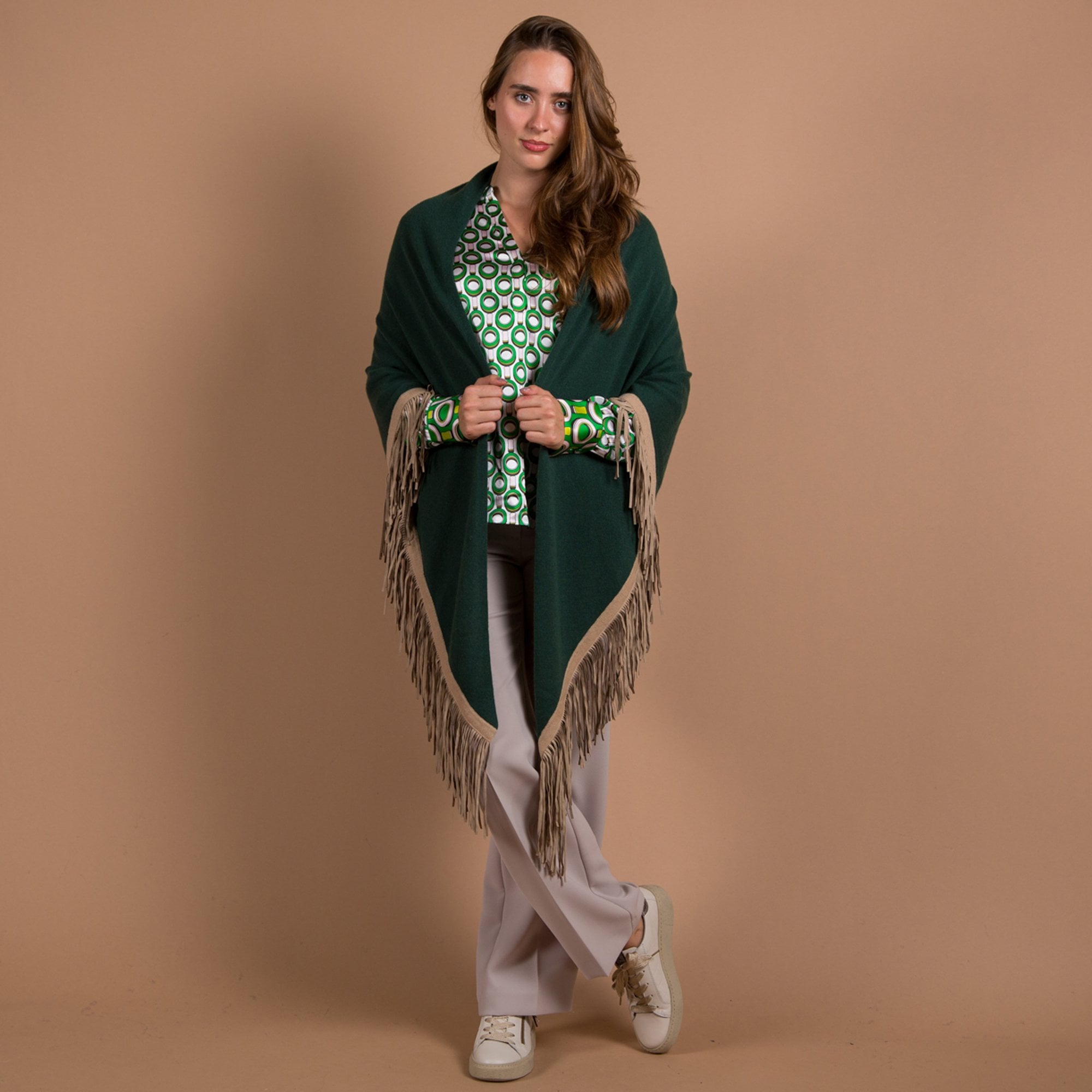 Herzens Angelegenheit Cashmere Shawl With Faux Suede Tassels Green/taupe