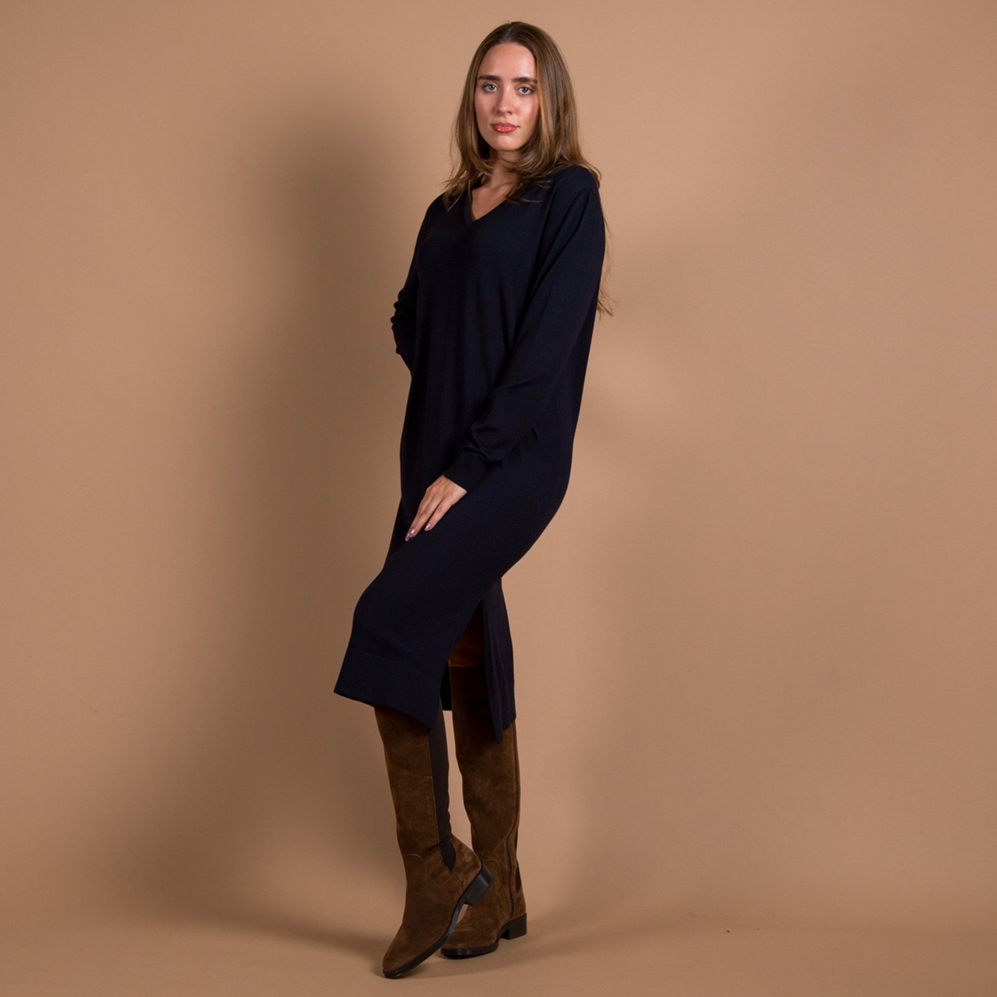 Milano Italy V Neck Knit Dress With Side Split Navy