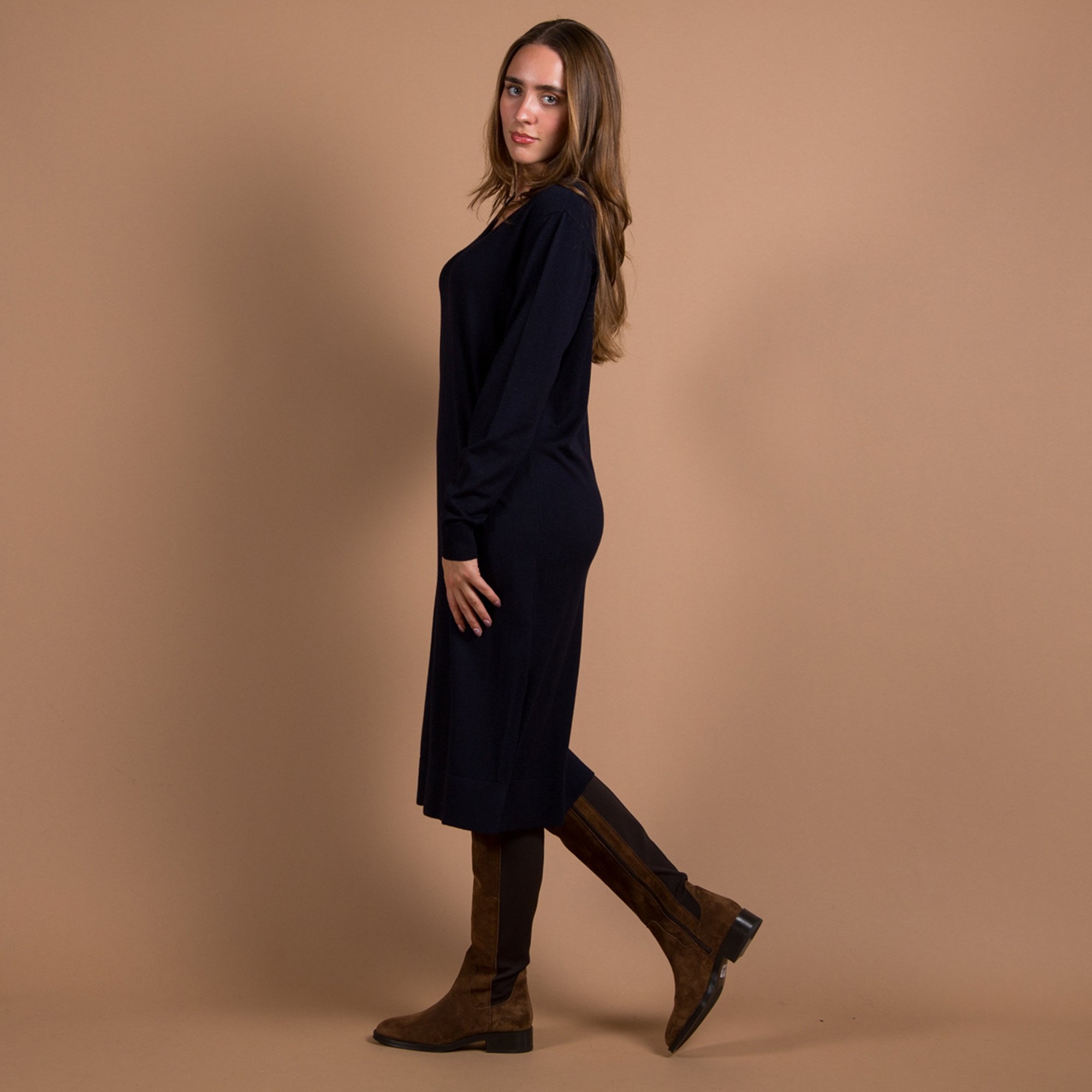 Milano Italy V Neck Knit Dress With Side Split Navy