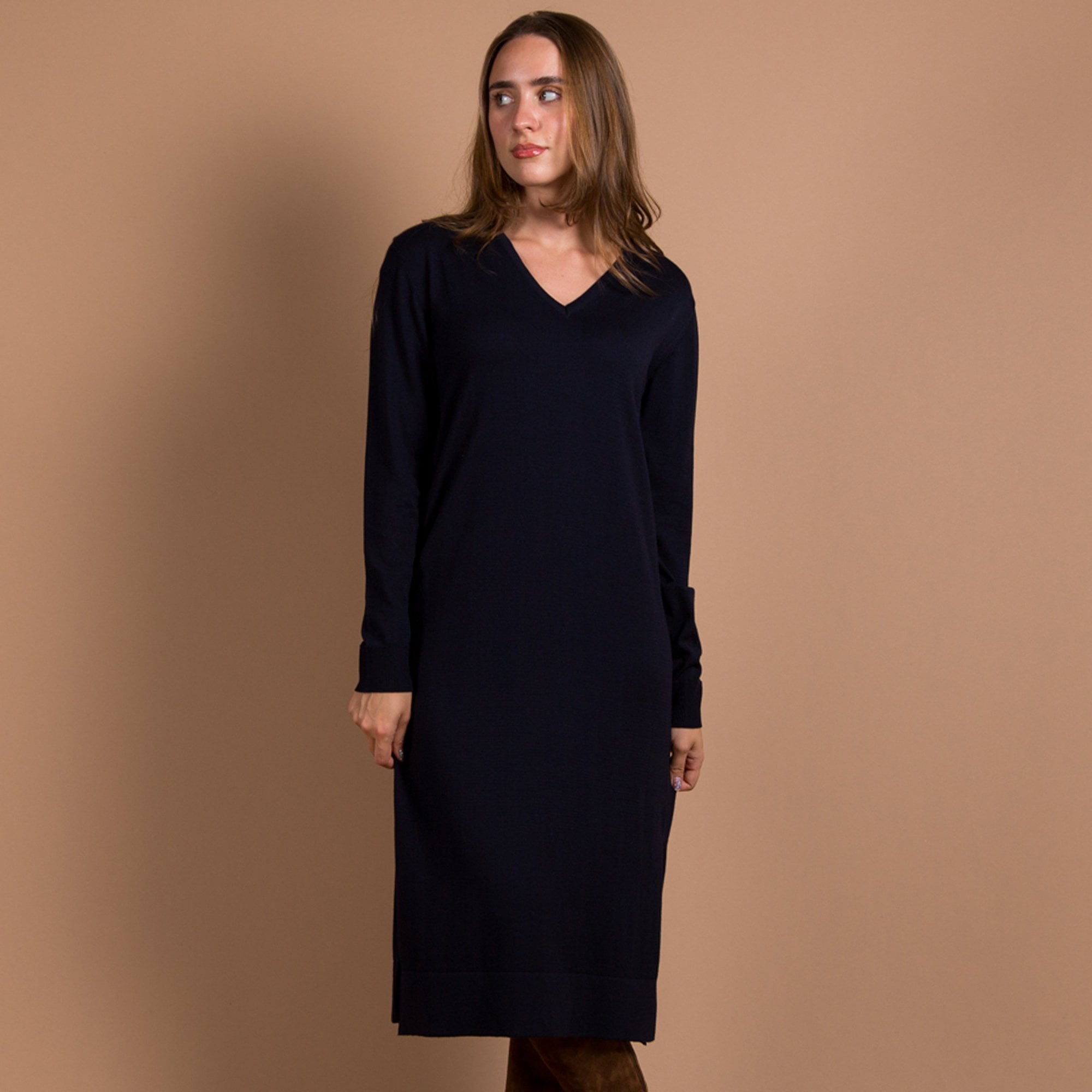 Milano Italy V Neck Knit Dress With Side Split Navy