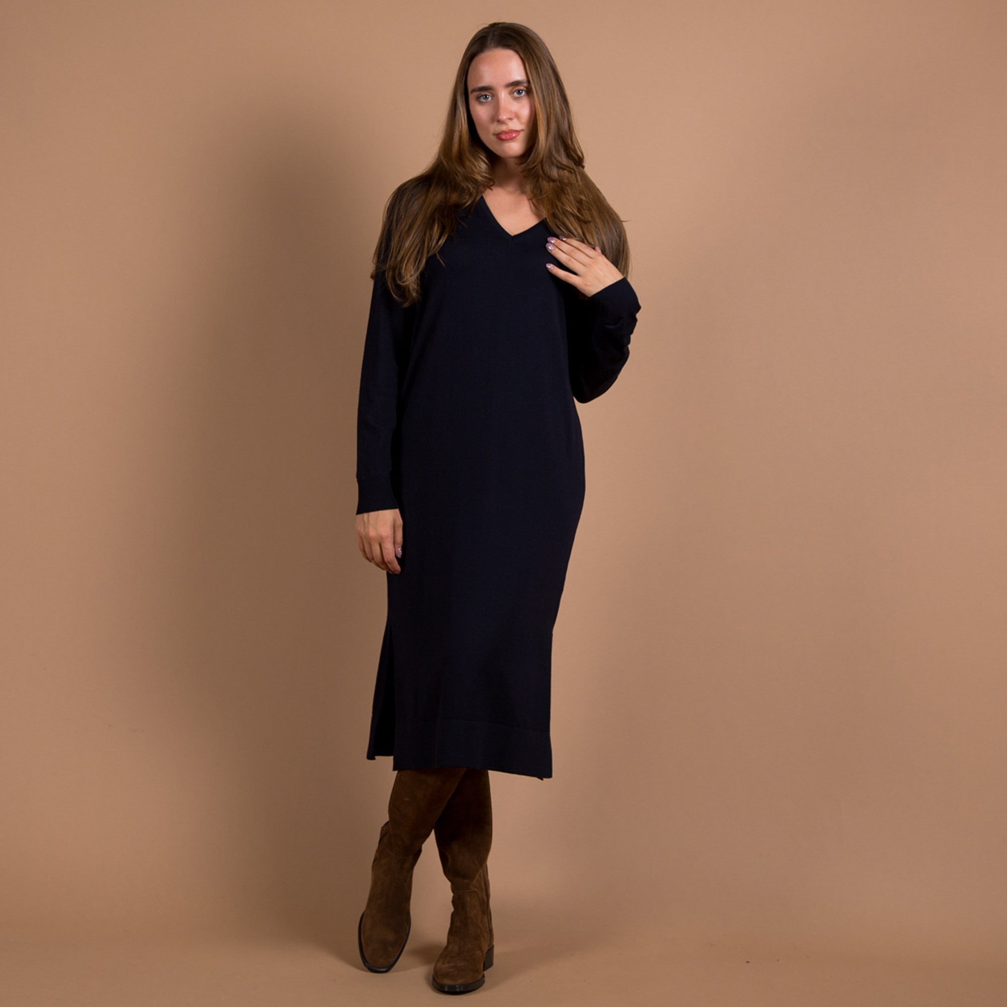 Milano Italy V Neck Knit Dress With Side Split Navy