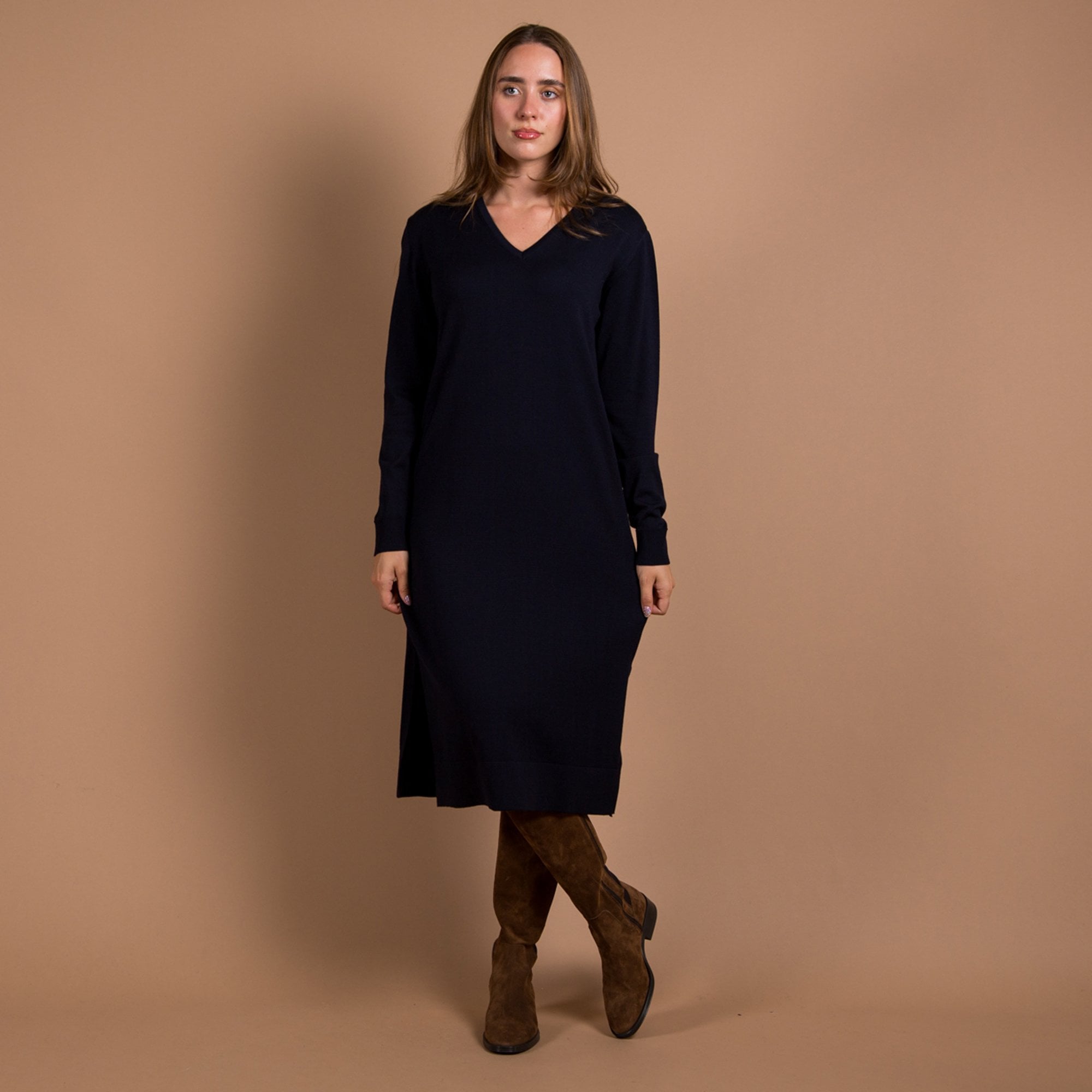 Milano Italy V Neck Knit Dress With Side Split Navy