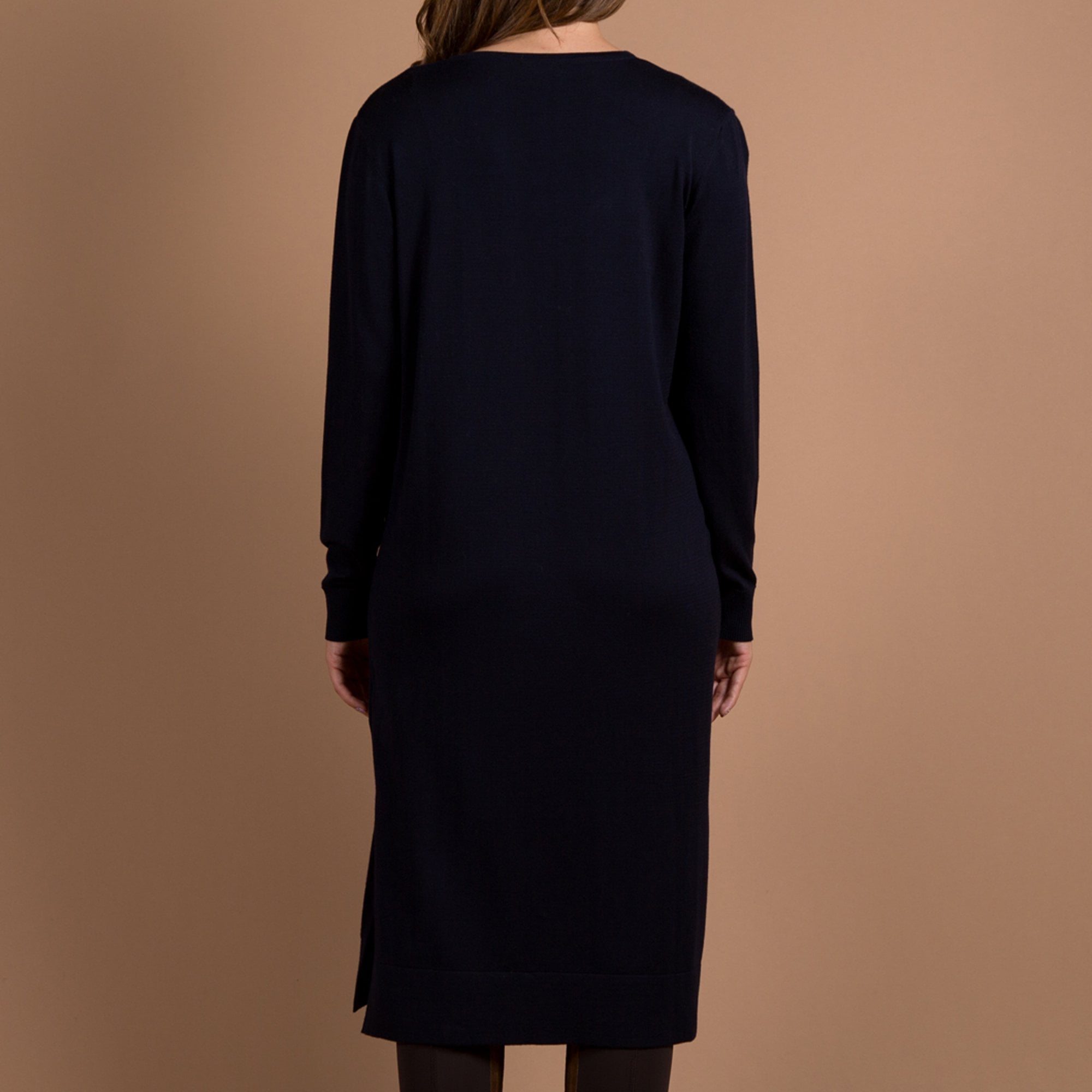Milano Italy V Neck Knit Dress With Side Split Navy