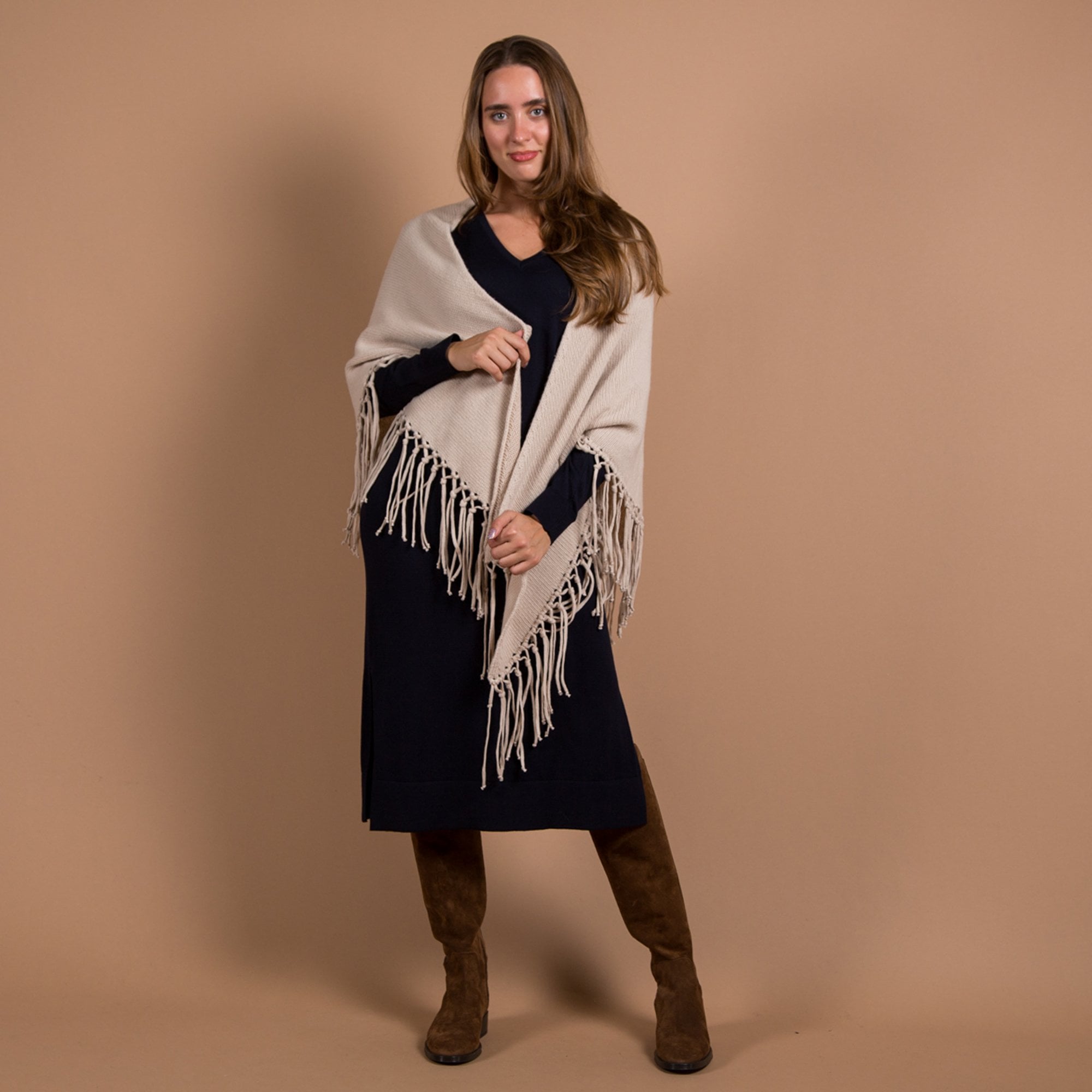 Milano Italy V Neck Knit Dress With Side Split Navy