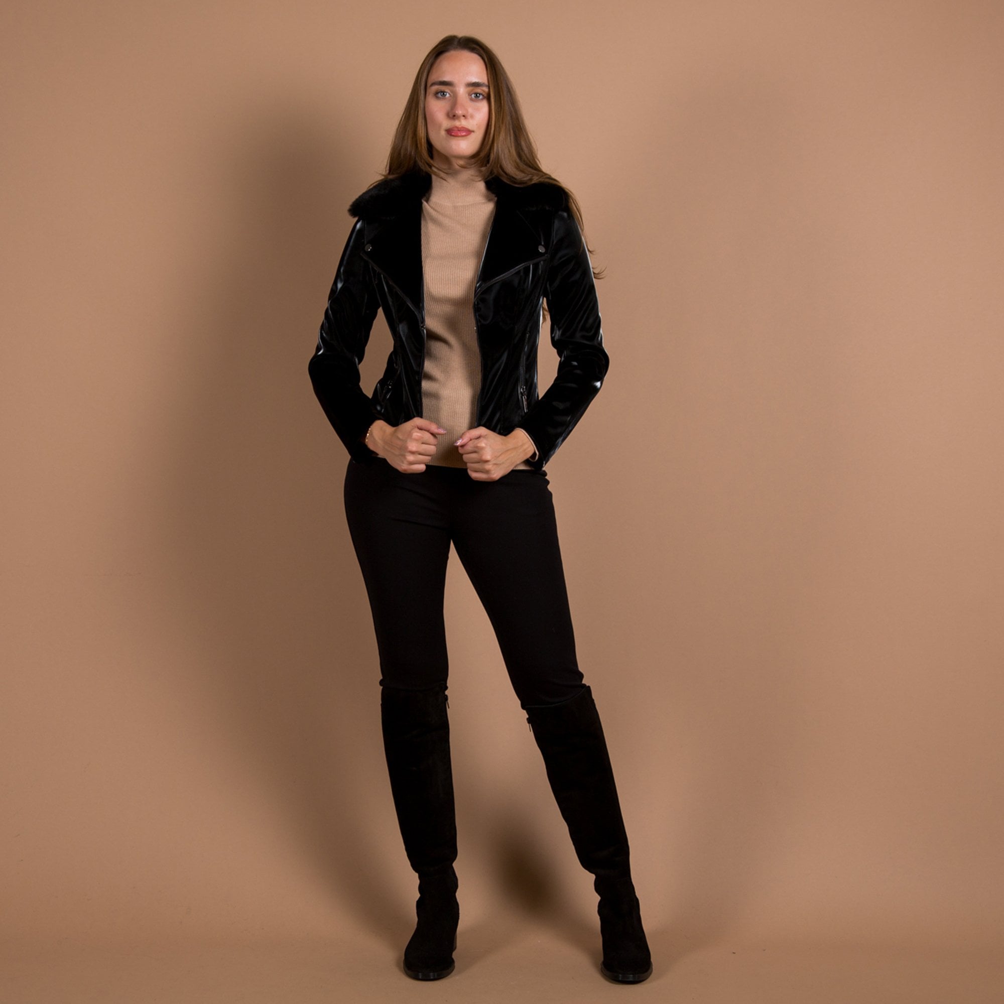 Joseph Ribkoff Shiny Biker Jacket With Faux Fur Collar Black