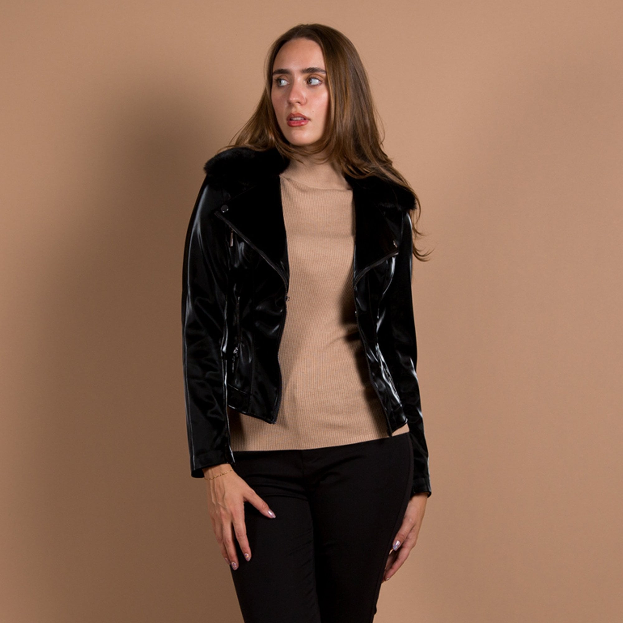 Joseph Ribkoff Shiny Biker Jacket With Faux Fur Collar Black