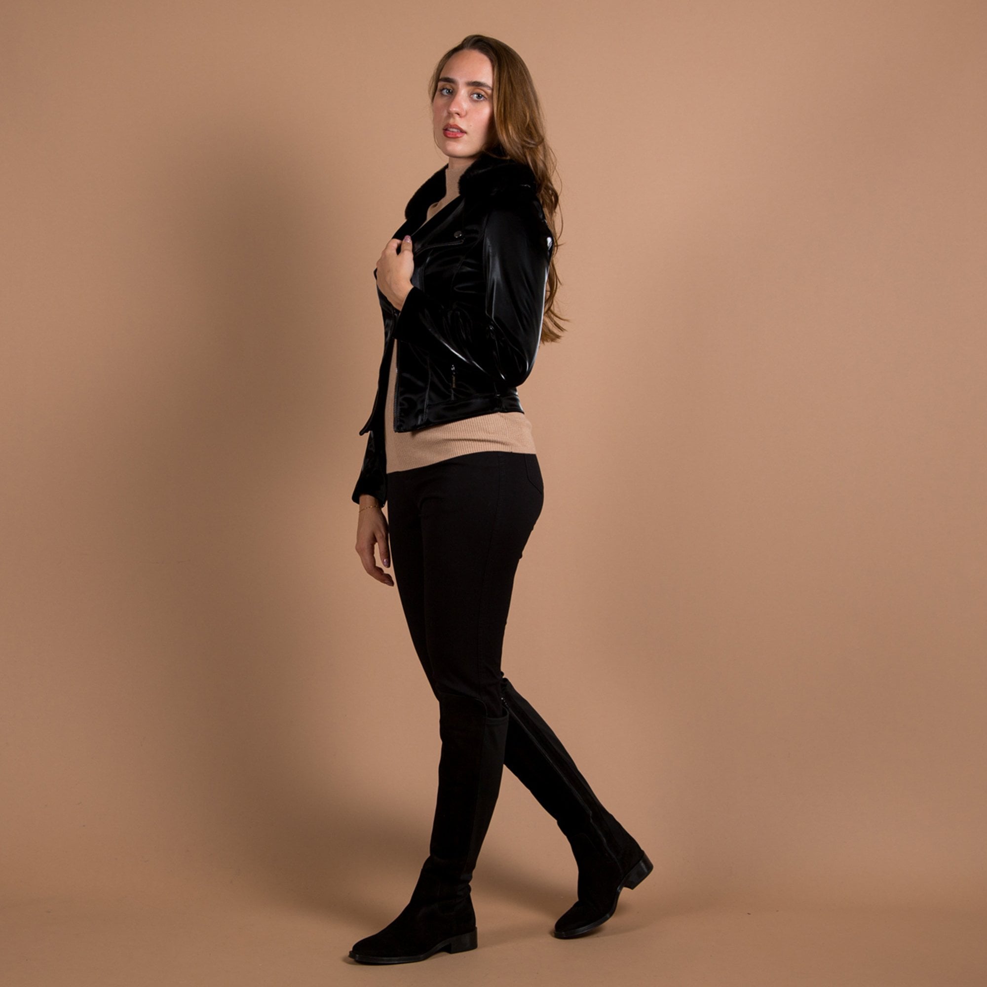 Joseph Ribkoff Shiny Biker Jacket With Faux Fur Collar Black