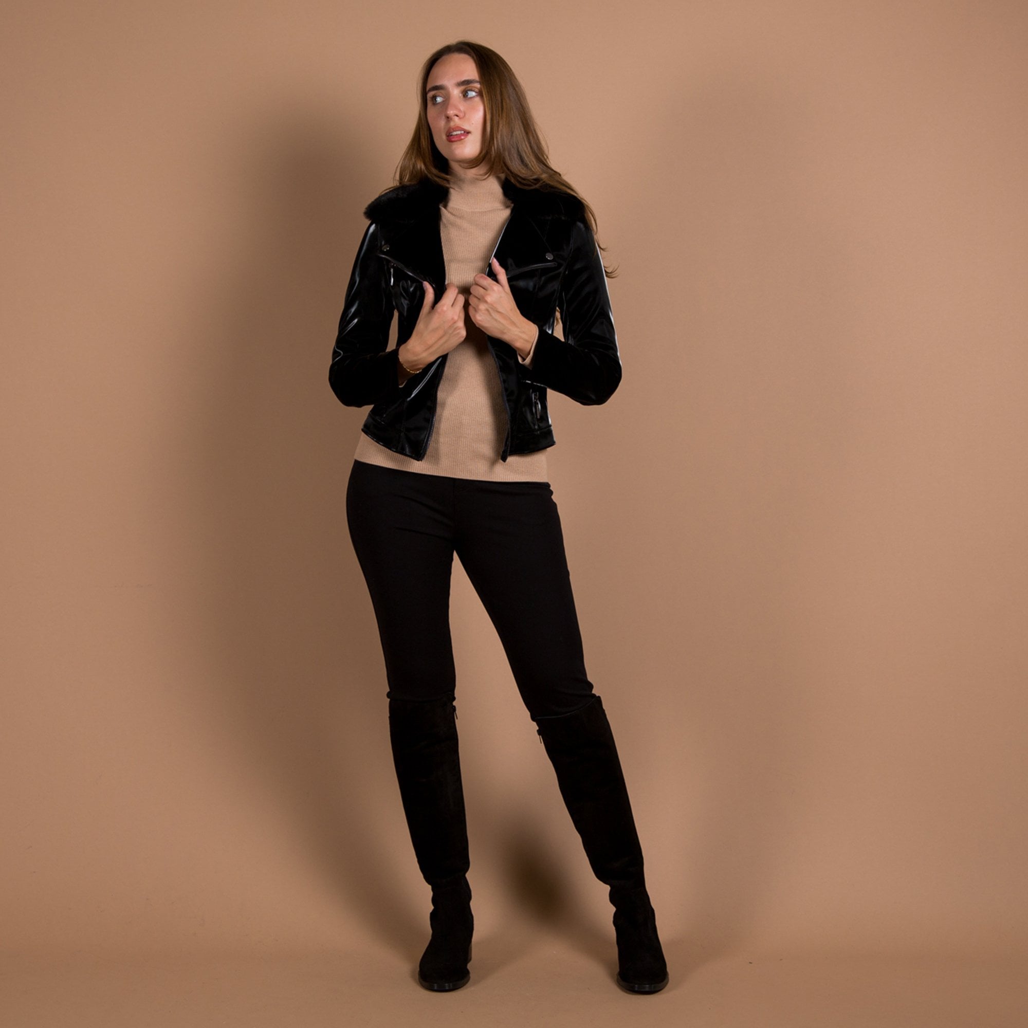 Joseph Ribkoff Shiny Biker Jacket With Faux Fur Collar Black