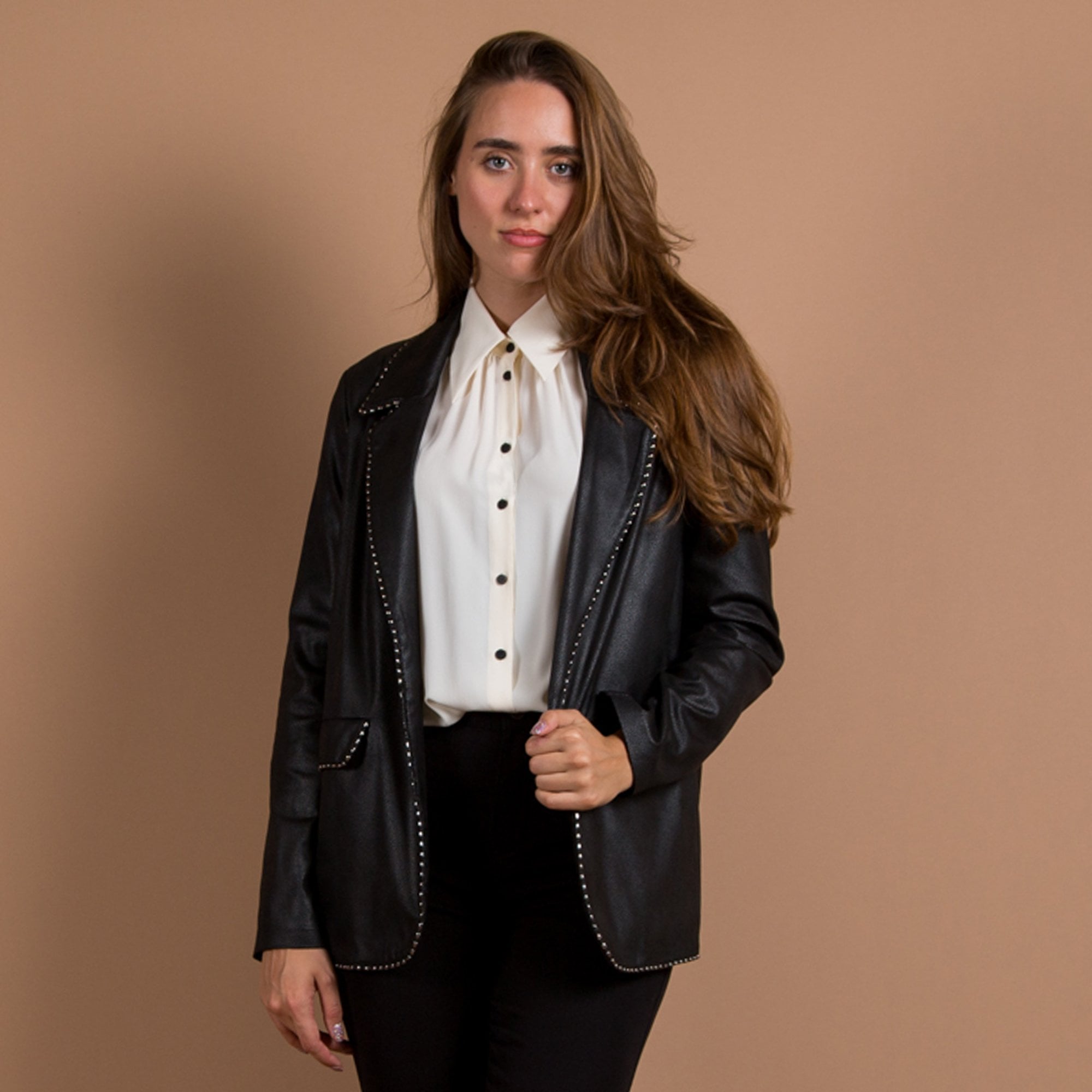 Joseph Ribkoff Faux Leather Blazer With Metal Trim Black