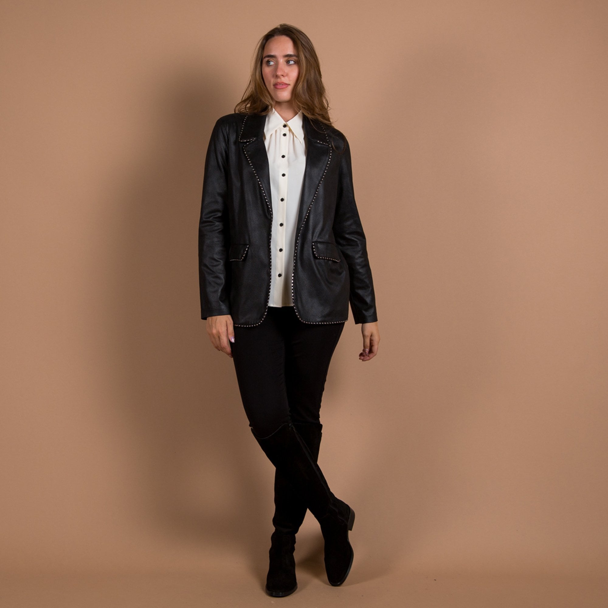 Joseph Ribkoff Faux Leather Blazer With Metal Trim Black