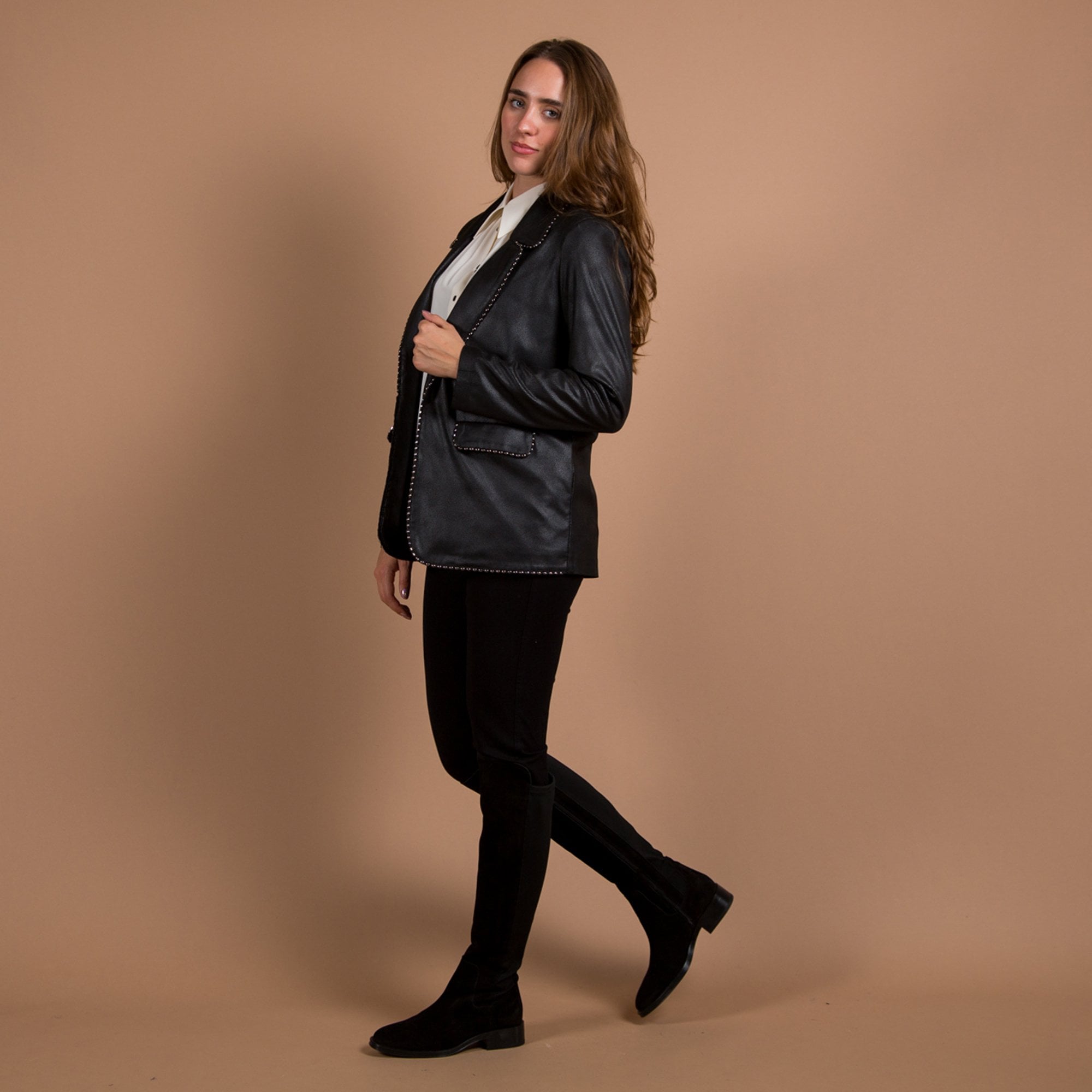 Joseph Ribkoff Faux Leather Blazer With Metal Trim Black