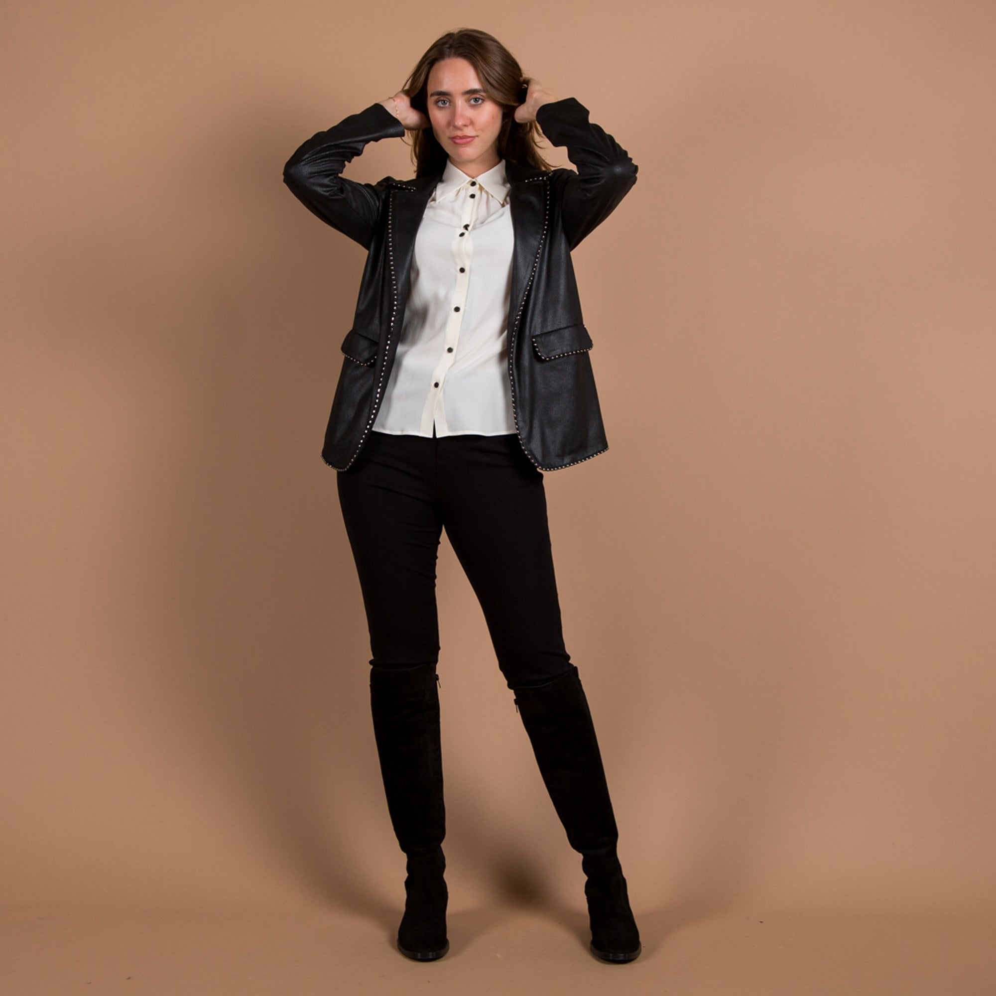 Joseph Ribkoff Faux Leather Blazer With Metal Trim Black