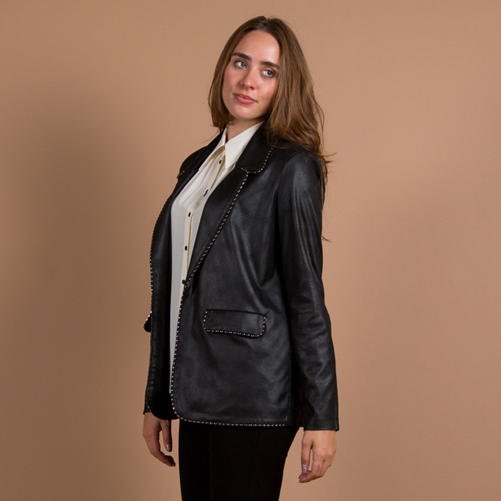 Joseph Ribkoff Faux Leather Blazer With Metal Trim Black
