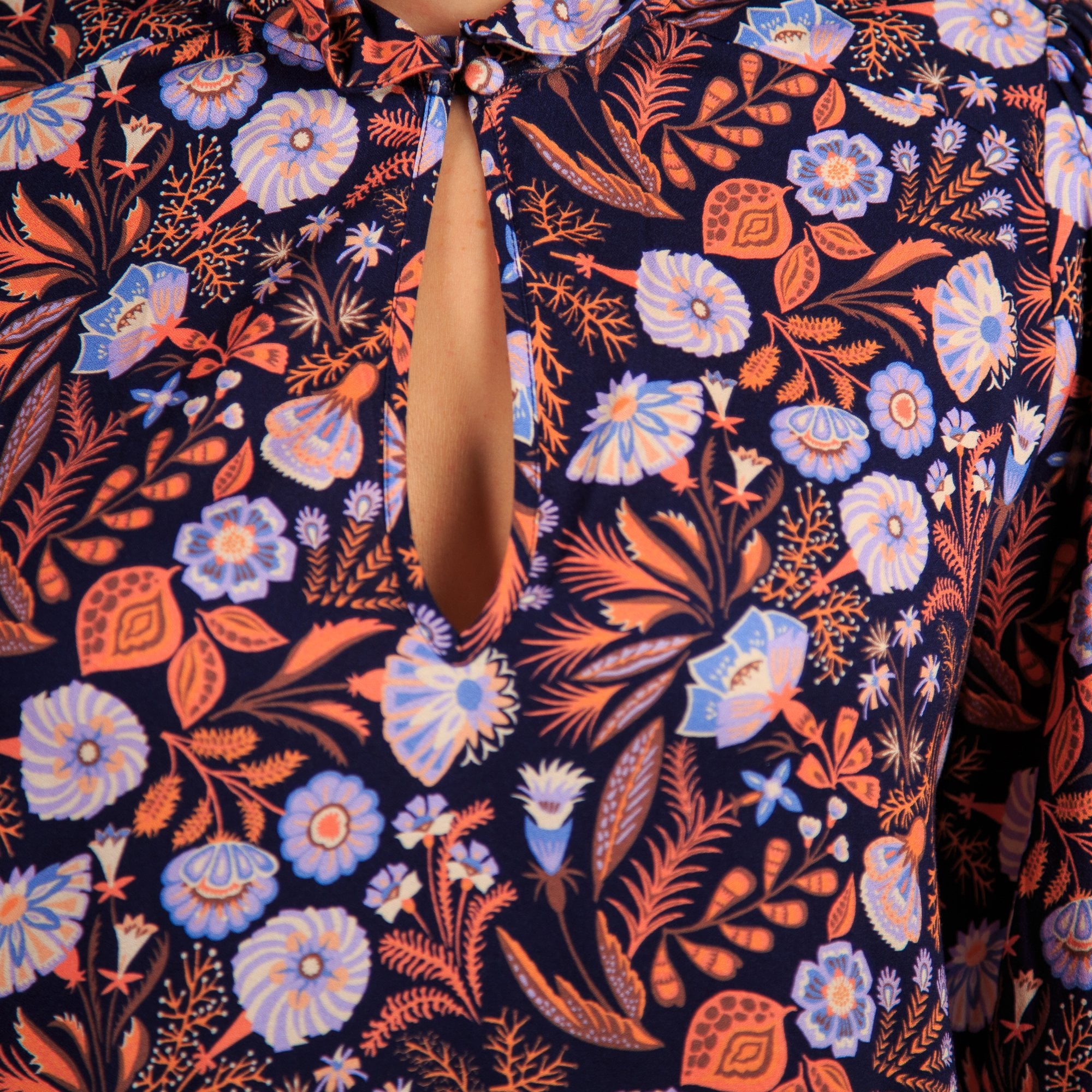 Dea Kudibal Merle Floral Print Frill Neck & Cuff Blouse Navy Multi