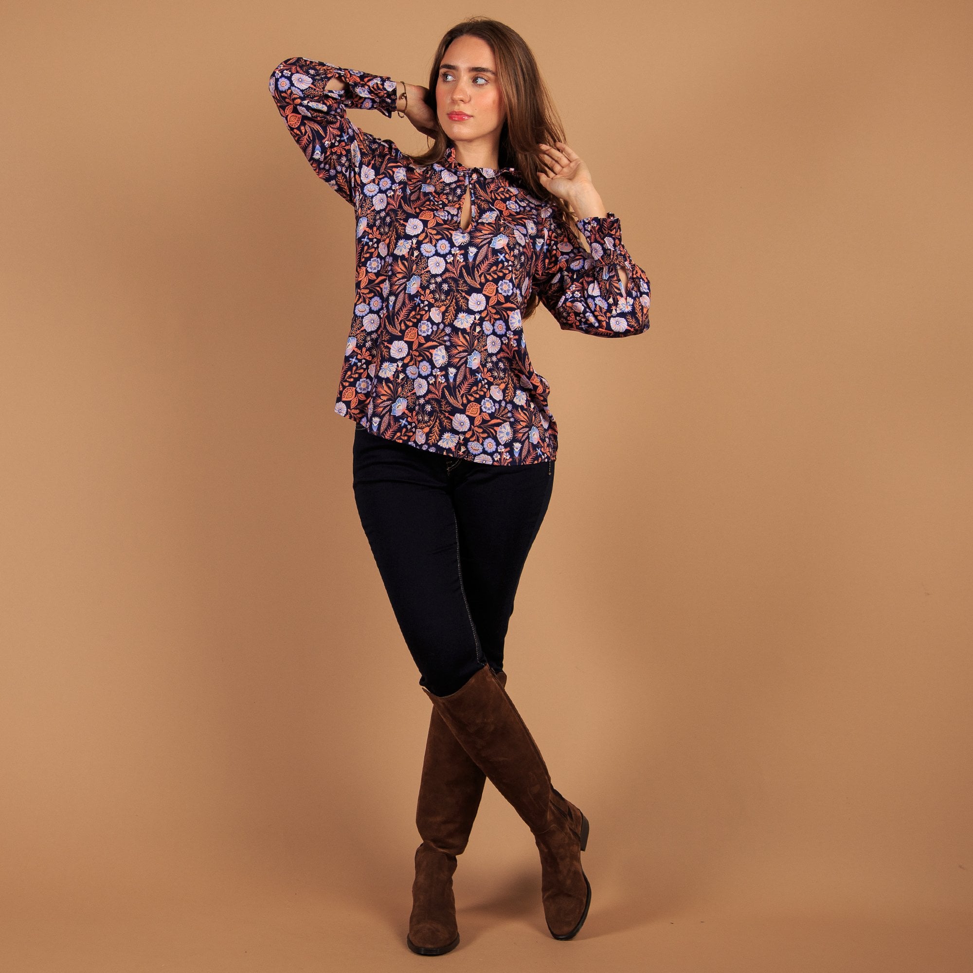 Dea Kudibal Merle Floral Print Frill Neck & Cuff Blouse Navy Multi