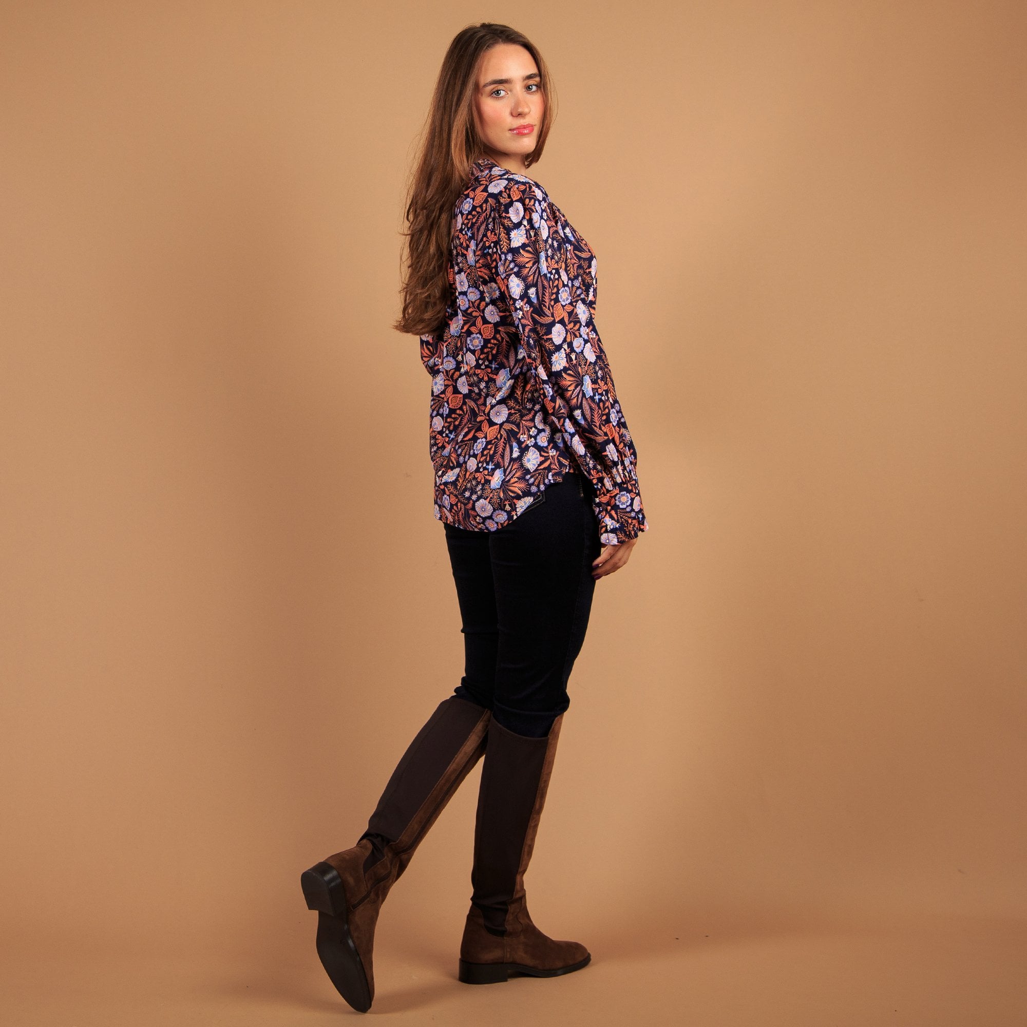 Dea Kudibal Merle Floral Print Frill Neck & Cuff Blouse Navy Multi