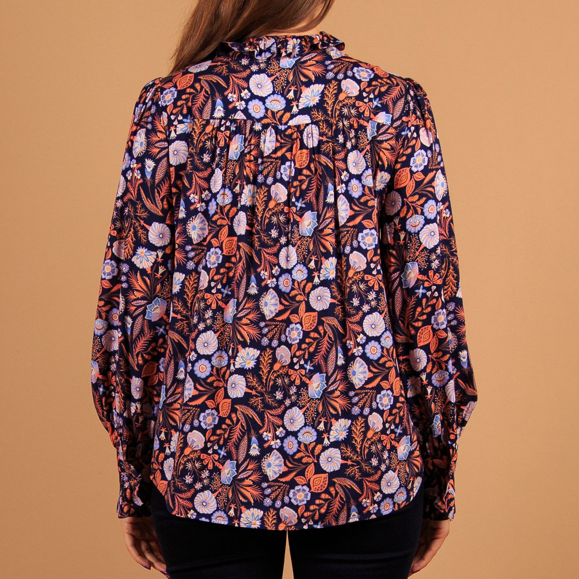 Dea Kudibal Merle Floral Print Frill Neck & Cuff Blouse Navy Multi