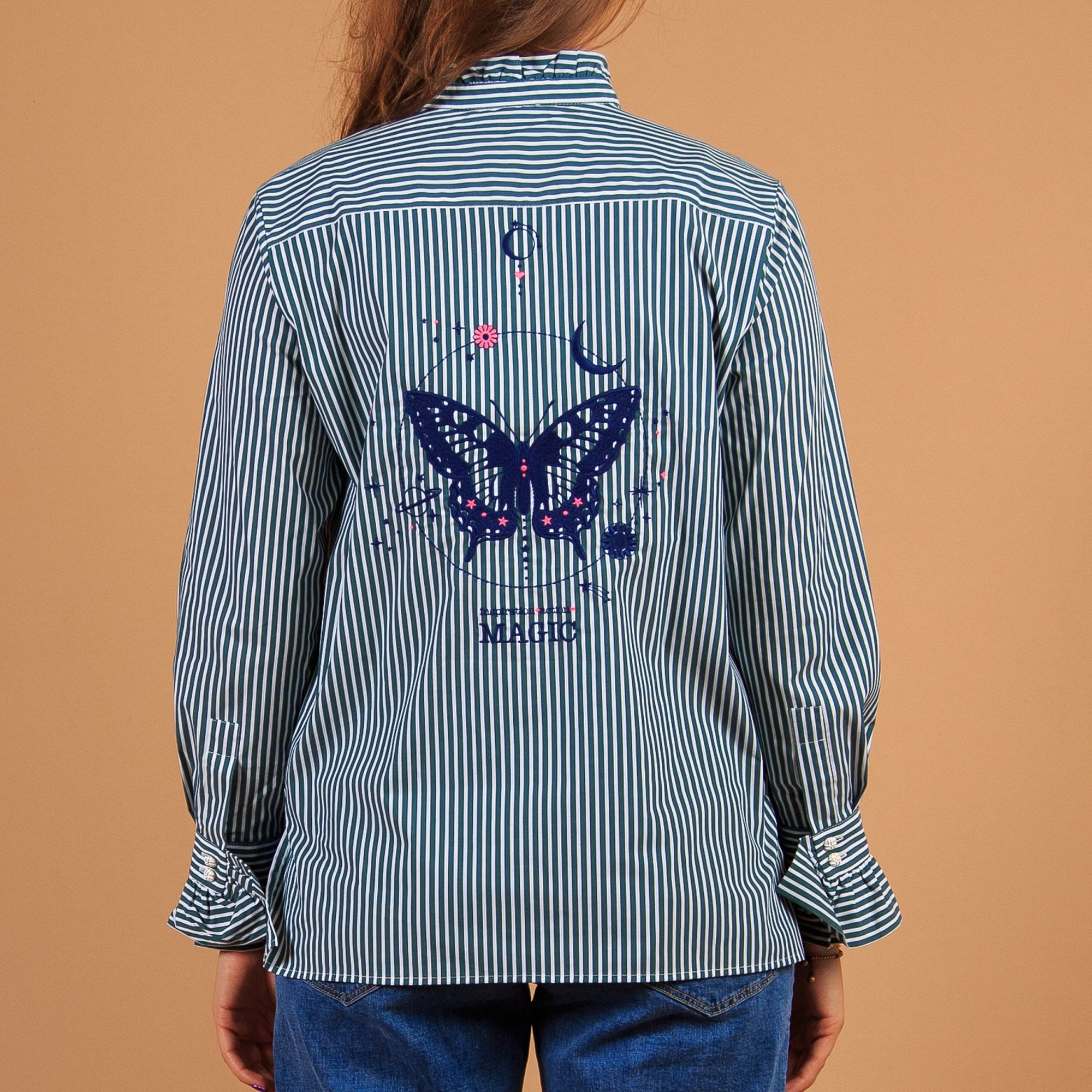 Vilagallo Nicola Butterfly Back Stripe Shirt With Frill Detail Green/white