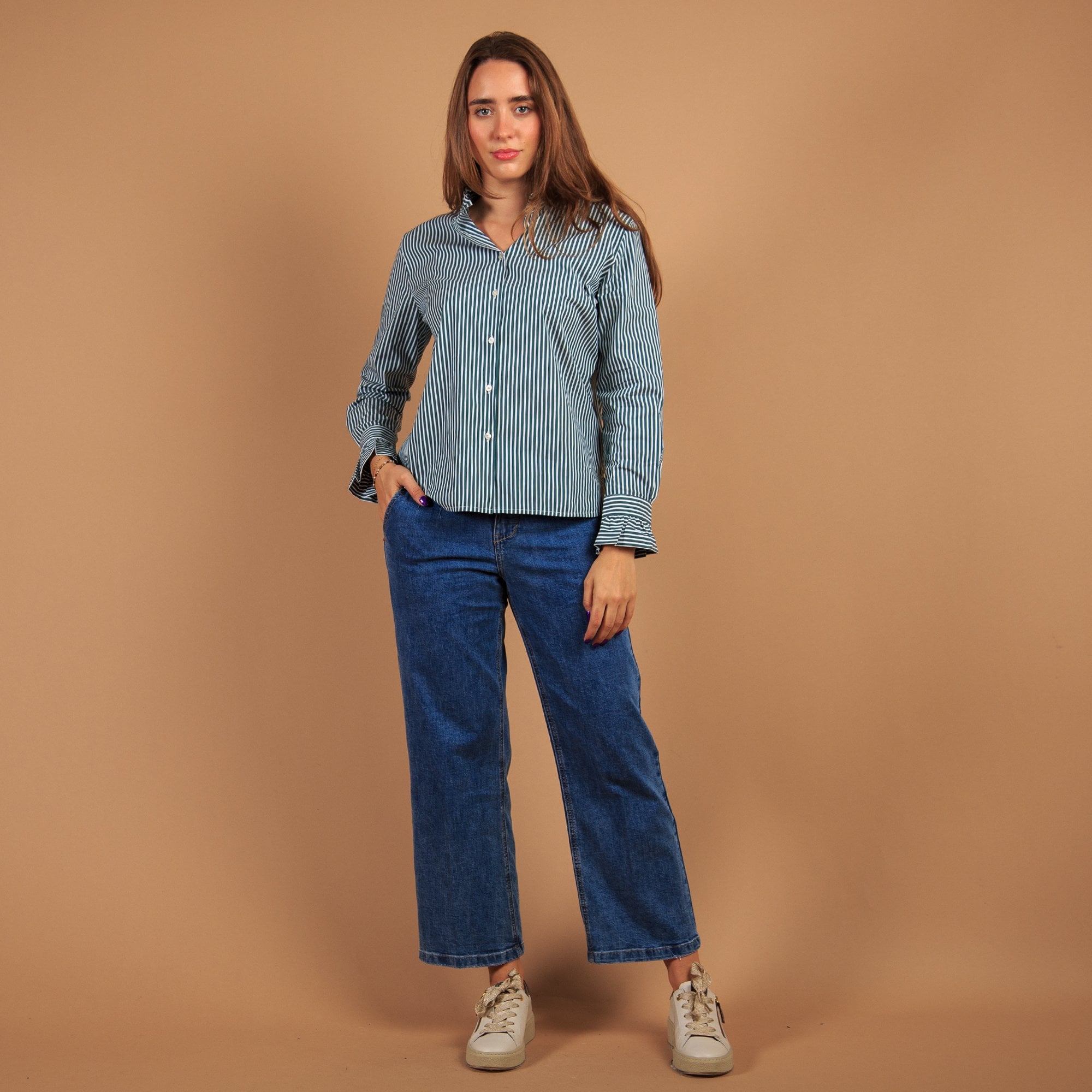 Vilagallo Nicola Butterfly Back Stripe Shirt With Frill Detail Green/white