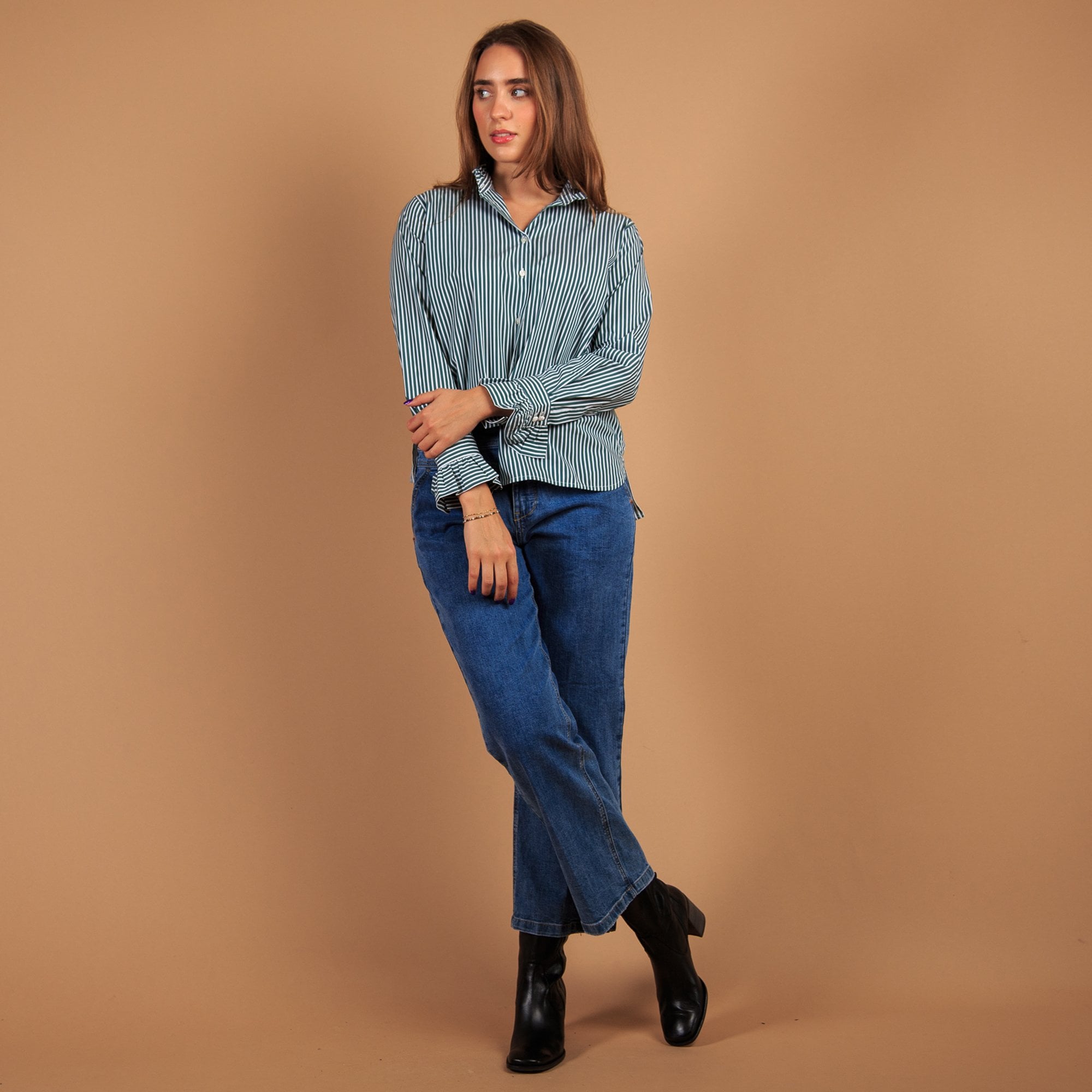 Vilagallo Nicola Butterfly Back Stripe Shirt With Frill Detail Green/white