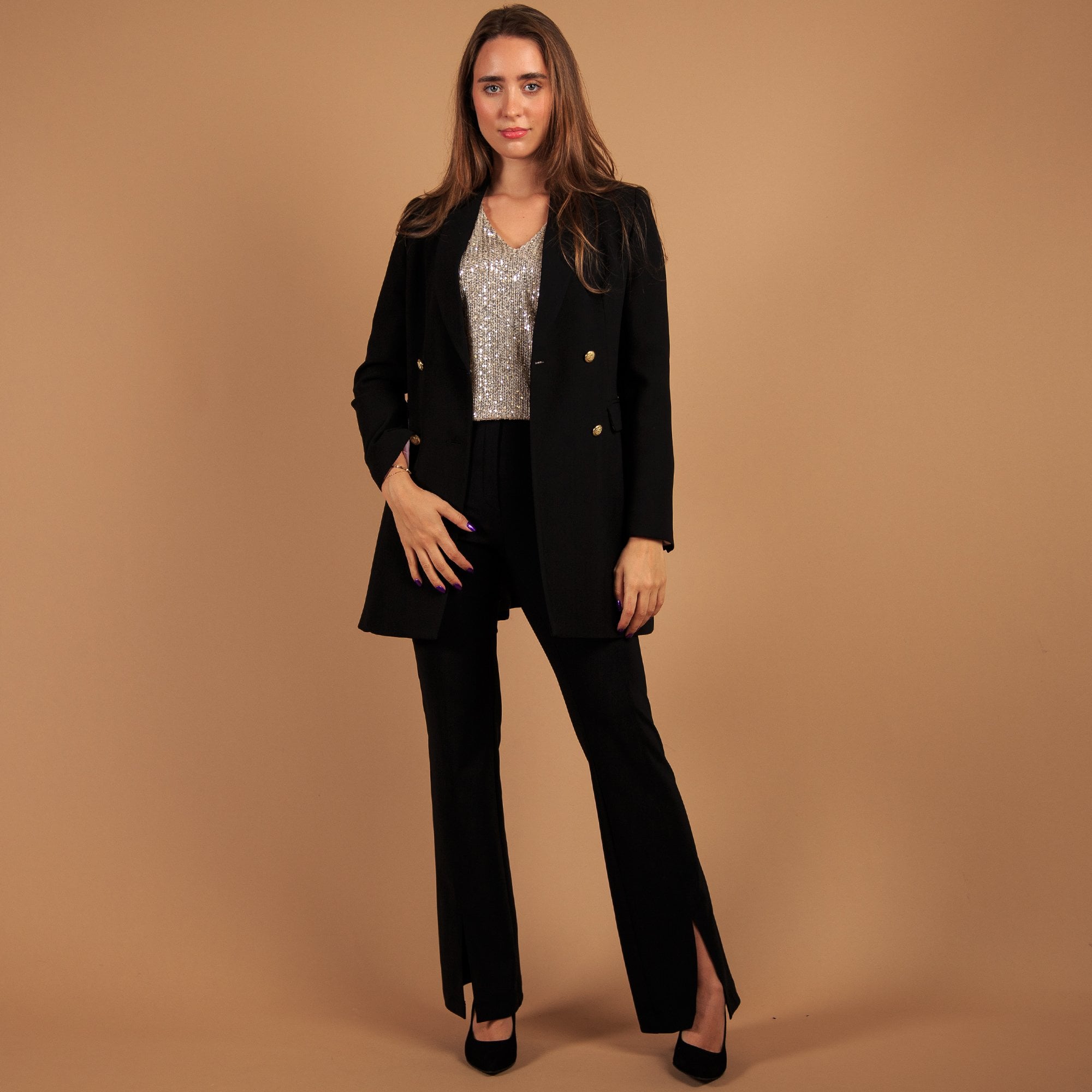 Pomodoro V Neck Sequin Top With Balloon Sleeve Champagne