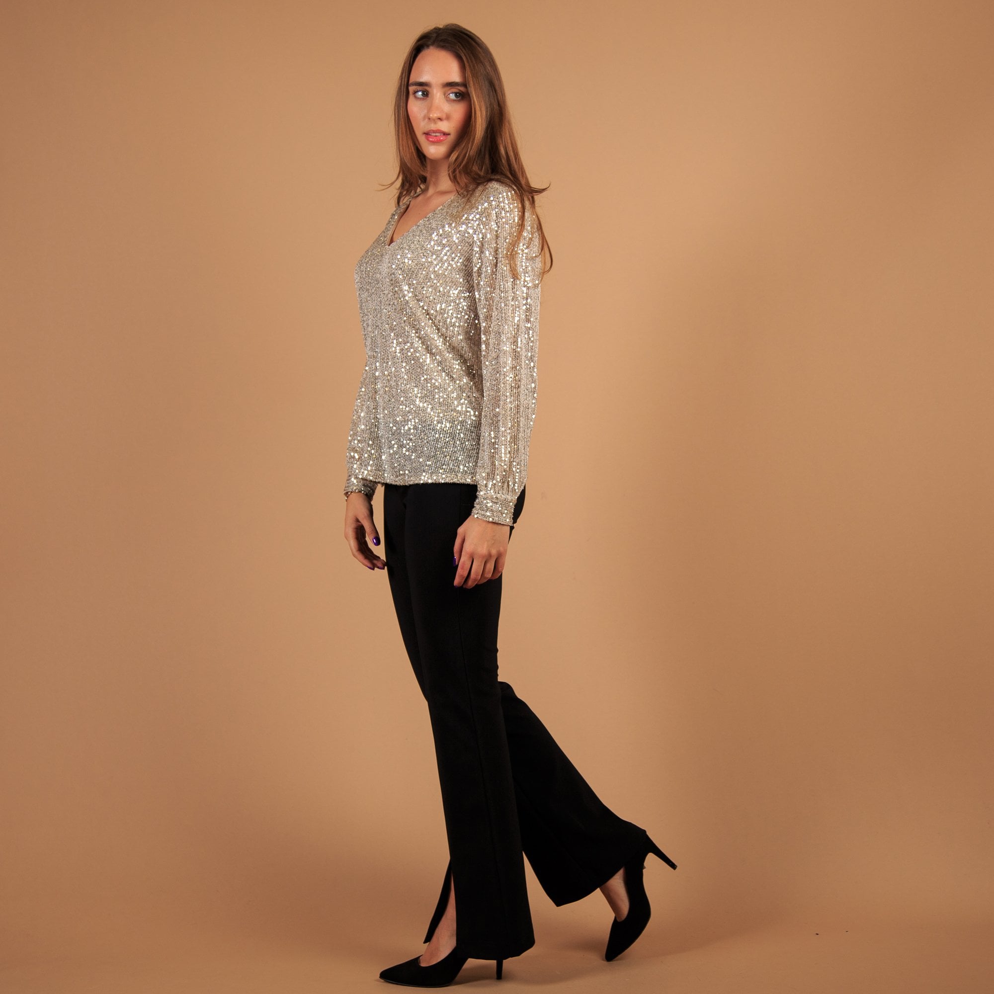 Pomodoro V Neck Sequin Top With Balloon Sleeve Champagne