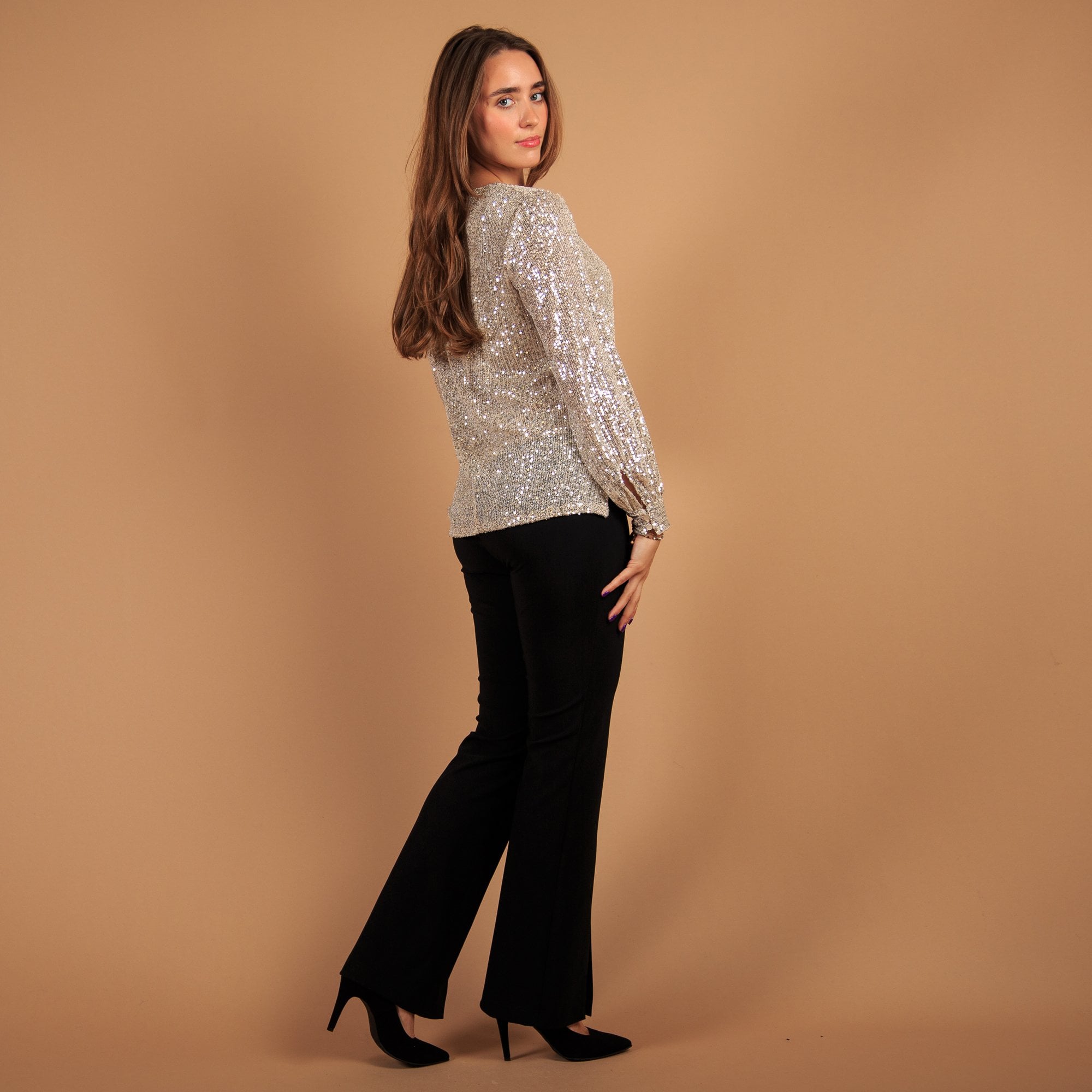 Pomodoro V Neck Sequin Top With Balloon Sleeve Champagne