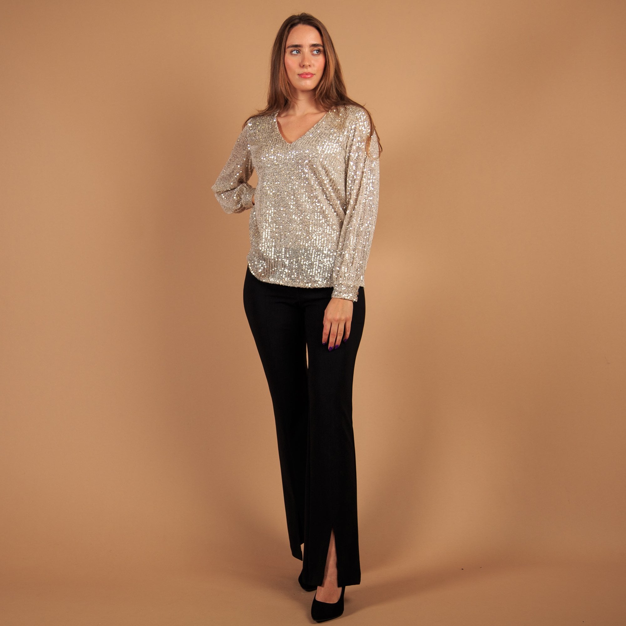 Pomodoro V Neck Sequin Top With Balloon Sleeve Champagne