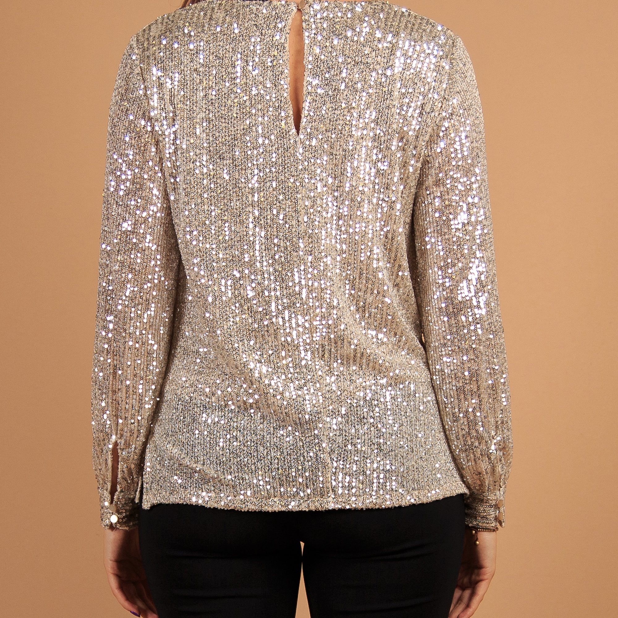 Pomodoro V Neck Sequin Top With Balloon Sleeve Champagne