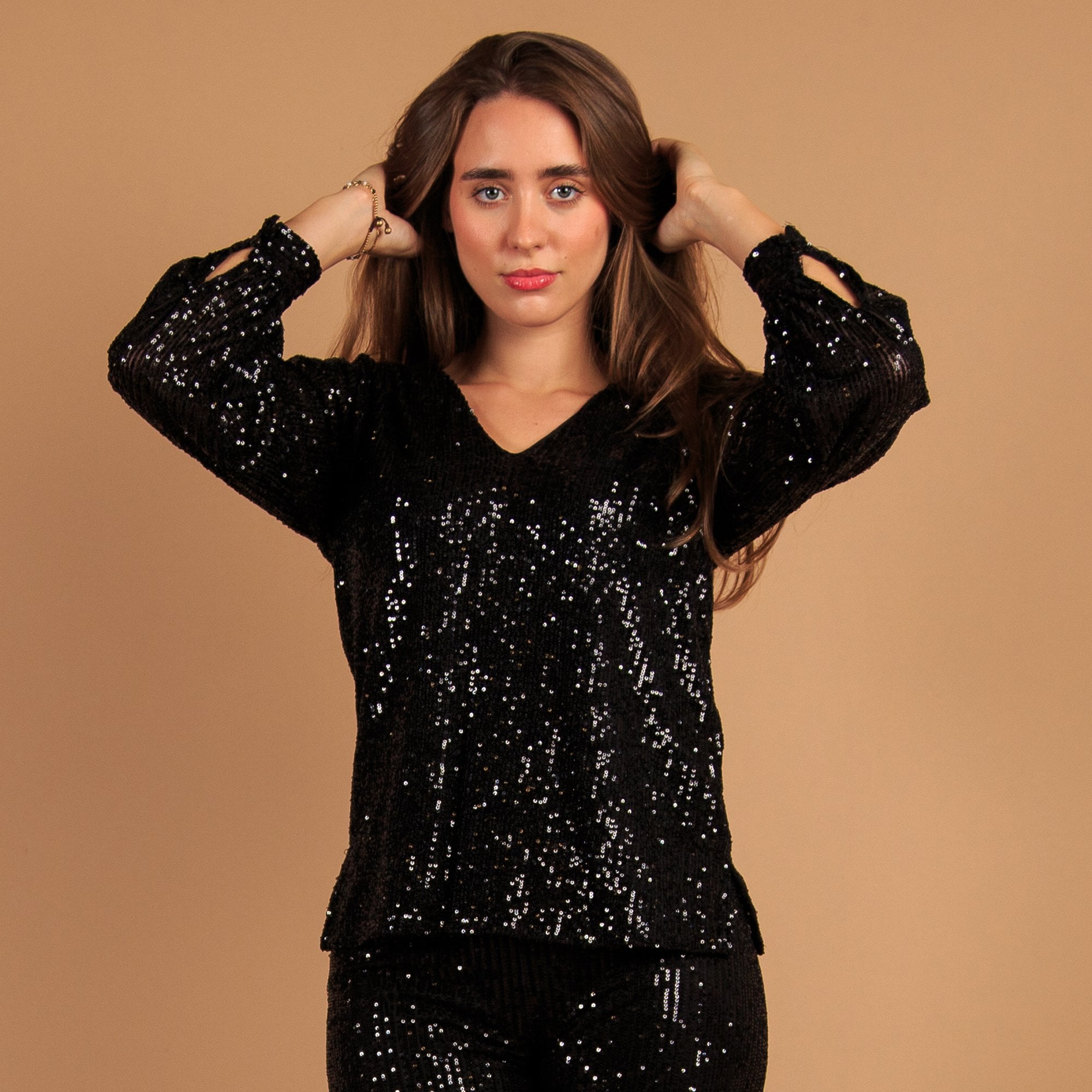 Pomodoro V Neck Sequin Top With Balloon Sleeve Black